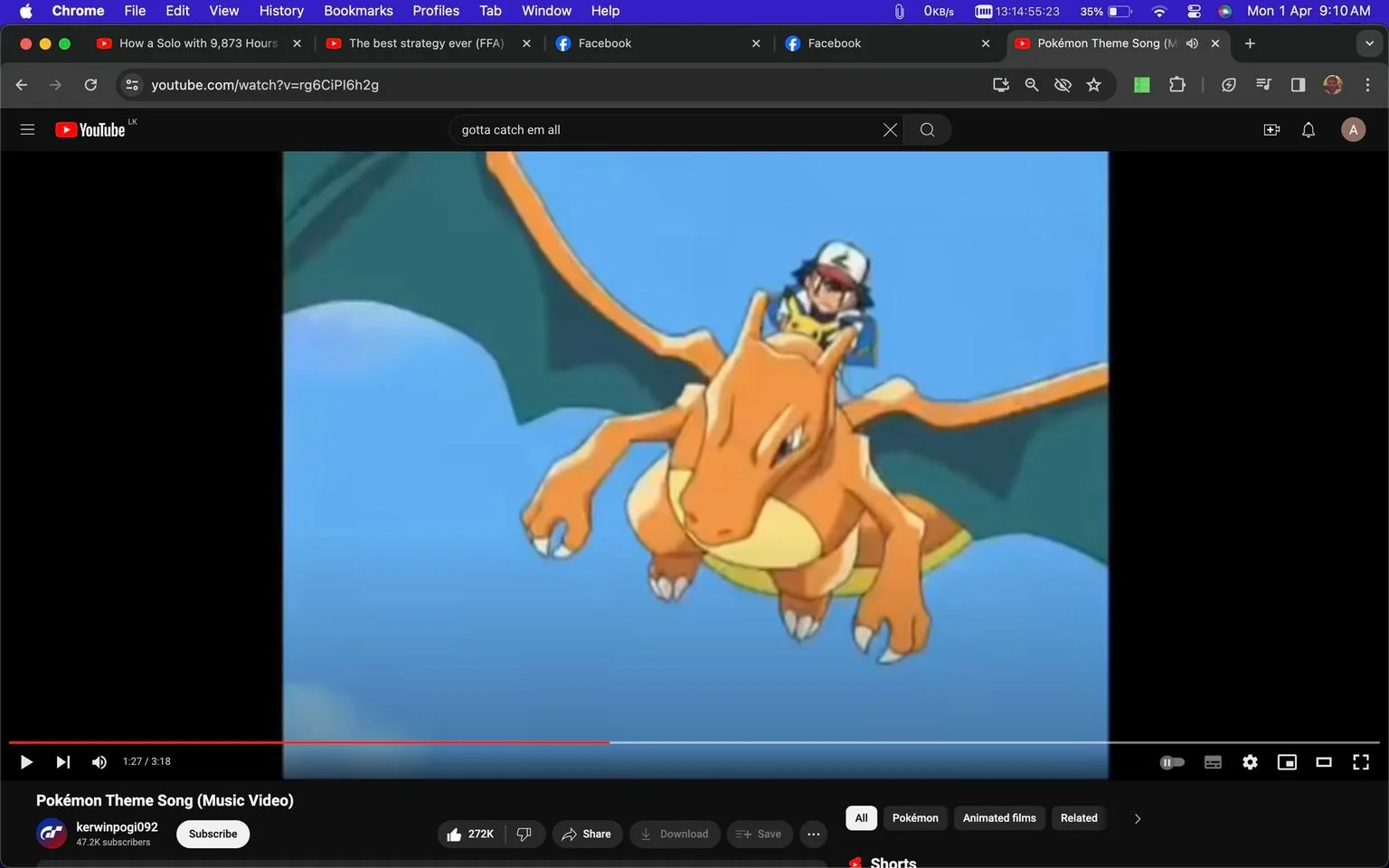 This image is a screenshot from a YouTube video titled "Pokémon Theme Song (Music Video)" on the channel "kerwinpogi092." The scene features an animated character riding on the back of a dragon-like creature known as Charizard, a popular Pokémon. The character is wearing a cap, and both are flying through a clear blue sky. Charizard is depicted with orange skin, large wings, and a determined expression. The setting suggests an adventurous and dynamic moment, typical of the Pokémon series. The video appears to be related to the iconic theme song from the Pokémon franchise, known for its catchy refrain, "Gotta catch 'em all!" The layout includes the YouTube interface with options like like, share, and subscribe visible.