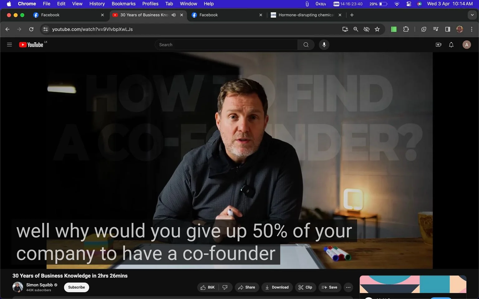 The image is a YouTube video screenshot featuring Simon Squibb on his channel. The video titled "30 Years of Business Knowledge in 2hrs 26mins" shows Simon Squibb discussing business strategies. In the screenshot, Simon is seated at a wooden table in an indoor setting, suggesting a thoughtful and informative discussion. He is casually dressed in a dark, zip-up jacket and is speaking directly to the camera, likely engaging viewers with practical advice. The background is softly lit, with a modern lamp creating a warm ambiance. Prominent text in the background reads, "HOW TO FIND A CO-FOUNDER?" This aligns with the caption visible on screen, emphasizing the topic of finding a business partner and the potential trade-offs involved, such as sharing company ownership. The video seems to focus on entrepreneurship, offering insights into building and managing business relationships. The scene is well-composed, highlighting Simon's expertise and inviting viewers into a personal conversation about business growth.
- Title: "30 Years of Business Knowledge in 2hrs 26mins"
- Channel / profile: "Simon Squibb"
- Site / app: "YouTube"
- Captions / subtitles: "well why would you give up 50% of your company to have a co-founder"