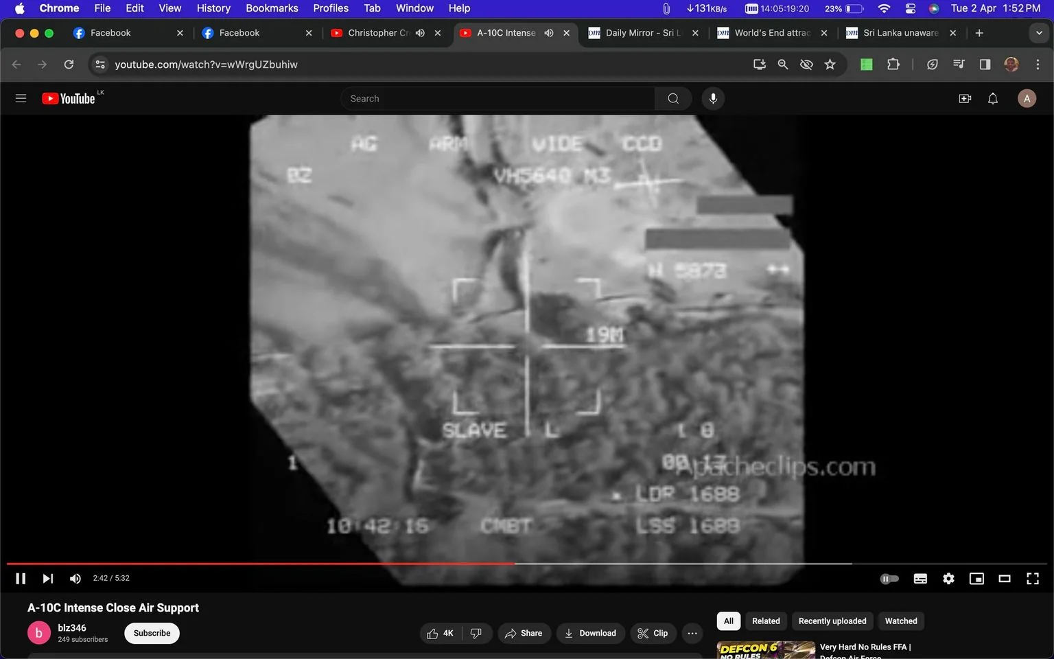 The image is a screenshot from a YouTube video titled "A-10C Intense Close Air Support," hosted on the channel "blz346." The video appears to depict military operations, specifically involving an A-10C aircraft. The screen displays a HUD (Head-Up Display), which is common in military and flight simulation videos. Various technical details are visible, such as "VHS640 M3," "SLAVE," "CMBT," and "LSS 1688." The display overlay gives an aerial view, possibly of a landscape or battlefield.
The video interface shows typical YouTube elements, such as the play and pause button, the progress bar indicating the video is at 2:42 of its 5:32 duration, and options like subscribe, share, and download. The video has garnered 4,000 likes. In the background of the screen, details are indistinct but suggest a view from an aircraft, with possible terrain or targets below. The style is monochromatic, with a focus on technological and military themes, capturing the immersive and strategic nature of aerial support operations. The video likely serves as a showcase of the A-10C's capabilities in providing close air support.
