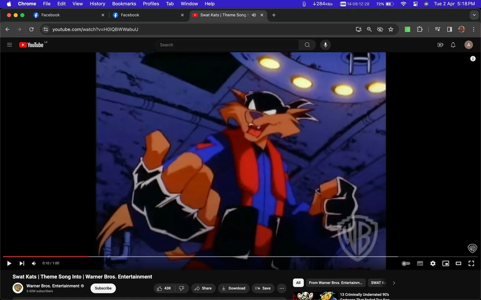 The image is a screenshot from a YouTube video titled "Swat Kats | Theme Song Intro | Warner Bros. Entertainment," hosted on the Warner Bros. Entertainment channel. The animated scene features a character from the show, depicted with an exaggerated, dynamic expression, showcasing action and determination. The character wears a blue and red uniform with black gloves, standing in an indoor setting with a metallic background colored in shades of blue and purple. The lighting highlights the character’s bold features, creating a dramatic and intense atmosphere. The style is typical of 90s animation, with bold lines and vivid colors. The WB logo is visible in the bottom right corner, indicating the studio behind the work. The title and channel information are clearly displayed, along with a significant number of likes and subscribers, emphasizing the video’s popularity. The image relates to the animated show "Batman Beyond," as indicated by the context hint.
