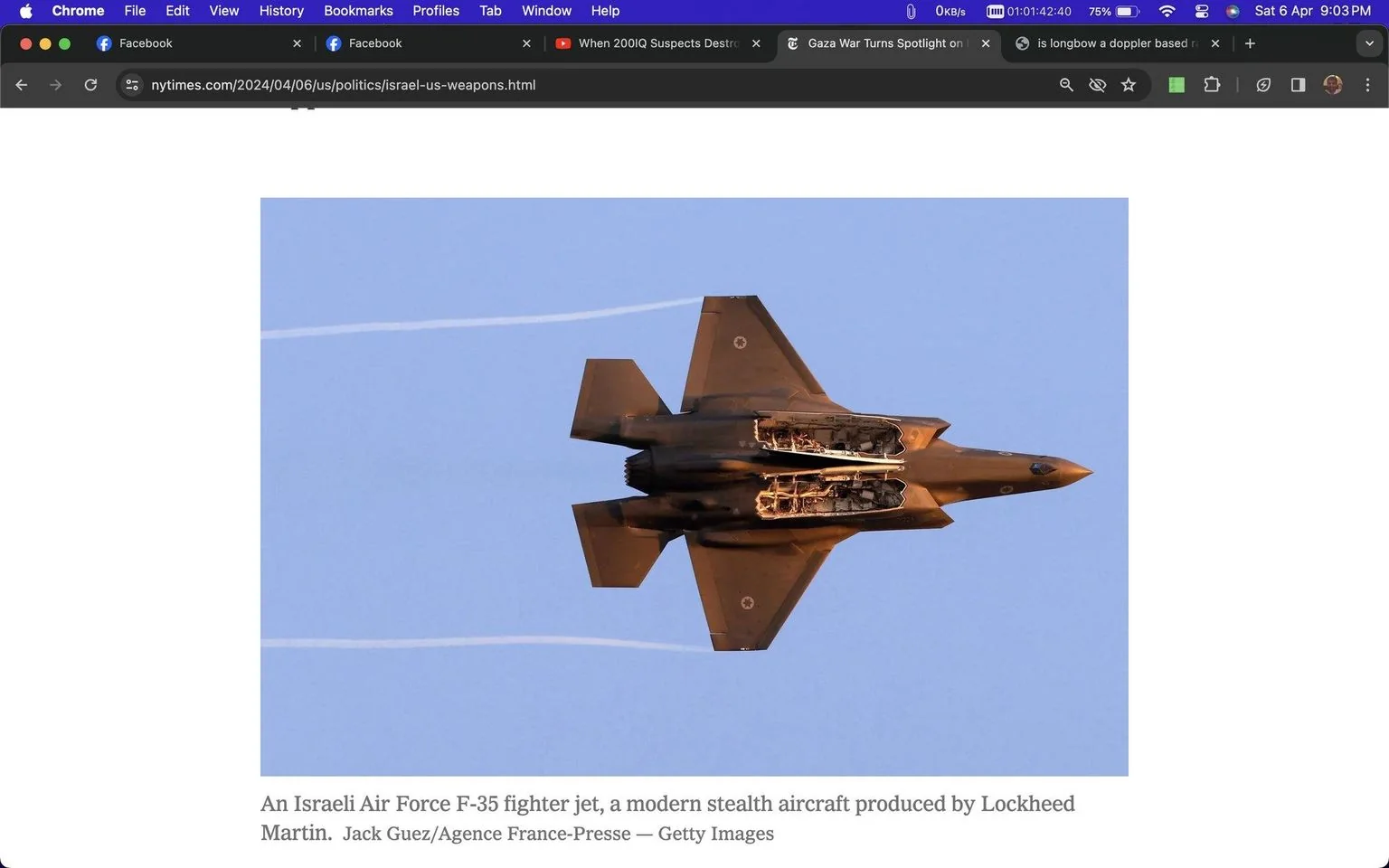 The image shows an F-35 fighter jet from the Israeli Air Force in mid-flight, captured in a striking aerial shot. The sleek, modern design of the jet, produced by Lockheed Martin, is evident, with its angular shape and stealth capabilities. The aircraft is flying against a clear blue sky, which provides a stark contrast to its dark, metallic exterior. Visible are the open compartments beneath the jet's wings, showcasing its inner machinery and missile storage. The sunlight glints off the jet, highlighting its smooth surface and aerodynamic build. The jet is positioned at an angle that allows a view of its underside, emphasizing its advanced engineering and technology. This F-35, a symbol of modern military prowess, is shown in action, possibly on a routine patrol or training exercise. The background is devoid of other objects, focusing attention entirely on the aircraft. The image is accompanied by a caption that identifies it as an Israeli Air Force jet and credits Jack Guez from Agence France-Presse for the photograph. The webpage is from The New York Times and discusses the topic of Israeli and US military collaboration.
