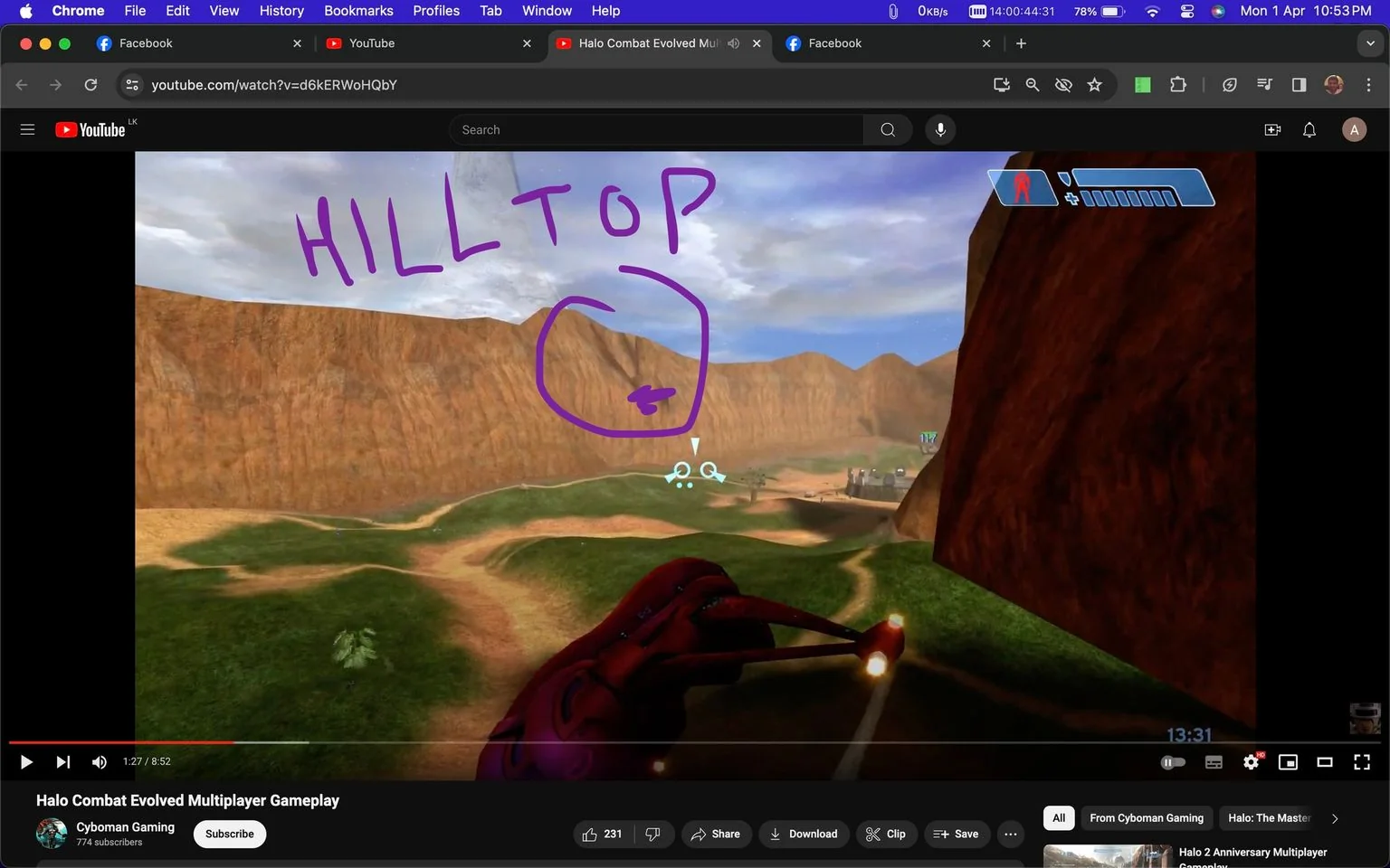 The image is a screenshot from YouTube featuring gameplay of "Halo Combat Evolved Multiplayer." The video is hosted on the channel "Cyboman Gaming." The scene captures an outdoor gaming environment typical of the Halo series, with expansive landscapes and rocky terrain. A player navigates a vehicle, likely a "Ghost," over grassy and dusty pathways. The word "HILLTOP" is prominently written in purple at the top of the image, with a circle and arrow pointing to a specific location on the hillside, indicating a strategic point or glitch area. The on-screen interface shows the typical Halo heads-up display with health bars and other gameplay indicators. The visual composition includes a foreground of a reddish vehicle against a backdrop of green grass and tan mountains under a bright sky, conveying a vibrant, adventurous atmosphere. The video seems to illustrate strategies or unique aspects of the game, adding an element of discovery and exploration for players.