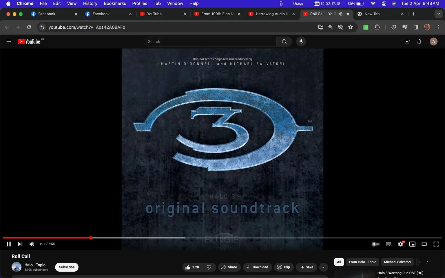 The image is a screenshot of a YouTube video titled "Roll Call," uploaded by a channel named "Halo - Topic." The video features music from the "Halo 3" original soundtrack. The artwork prominently displays the iconic "Halo 3" logo, a stylized number three set against a textured dark background. Above the logo, it credits composers Martin O'Donnell and Michael Salvatori for the soundtrack. The word "BUNGIE," the developer of the game, appears faintly below. The YouTube interface shows typical elements such as the play/pause button, volume control, and the video progress bar, which indicates that 1:11 of the 5:58 video has been played. The image also reveals multiple tabs open in a browser window, including Facebook and other YouTube videos, indicating a typical user browsing session. The overall mood is atmospheric and dark, resonating with the theme of the Halo series.