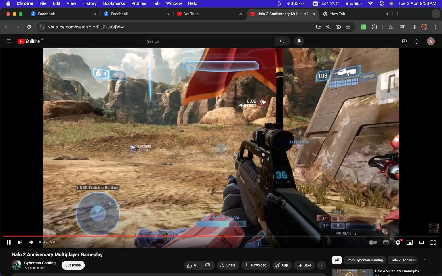 The screenshot shows a YouTube video interface featuring gameplay from "Halo 2 Anniversary Multiplayer." The channel hosting this video is "Cyboman Gaming." The gameplay is a first-person shooter scene set in an outdoor environment with rocky terrain and open skies. A player is holding a weapon, aiming towards the landscape, and there is a red flag visible, indicating a capture-the-flag game mode. On-screen elements include a radar on the bottom left, and text such as "RETURNING FLAG," "PROTECT," and "BIG TEAM CTF," suggesting the player is engaged in team-based objectives.
The video interface includes typical YouTube elements like the play button, the timeline indicating the video is at 8:04 of 15:18, and options for liking, sharing, and saving the video. The browser's tab displays "YouTube" and other open tabs, marking this as a multitasking setup. The top section shows a title bar with icons from a web browser on a Mac, including open tabs for Facebook and YouTube, providing context that this is a screenshot from a computer screen while browsing.
- Title: "Halo 2 Anniversary Multiplayer Gameplay"
- Channel / profile: "Cyboman Gaming"
- Site / app: "YouTube"