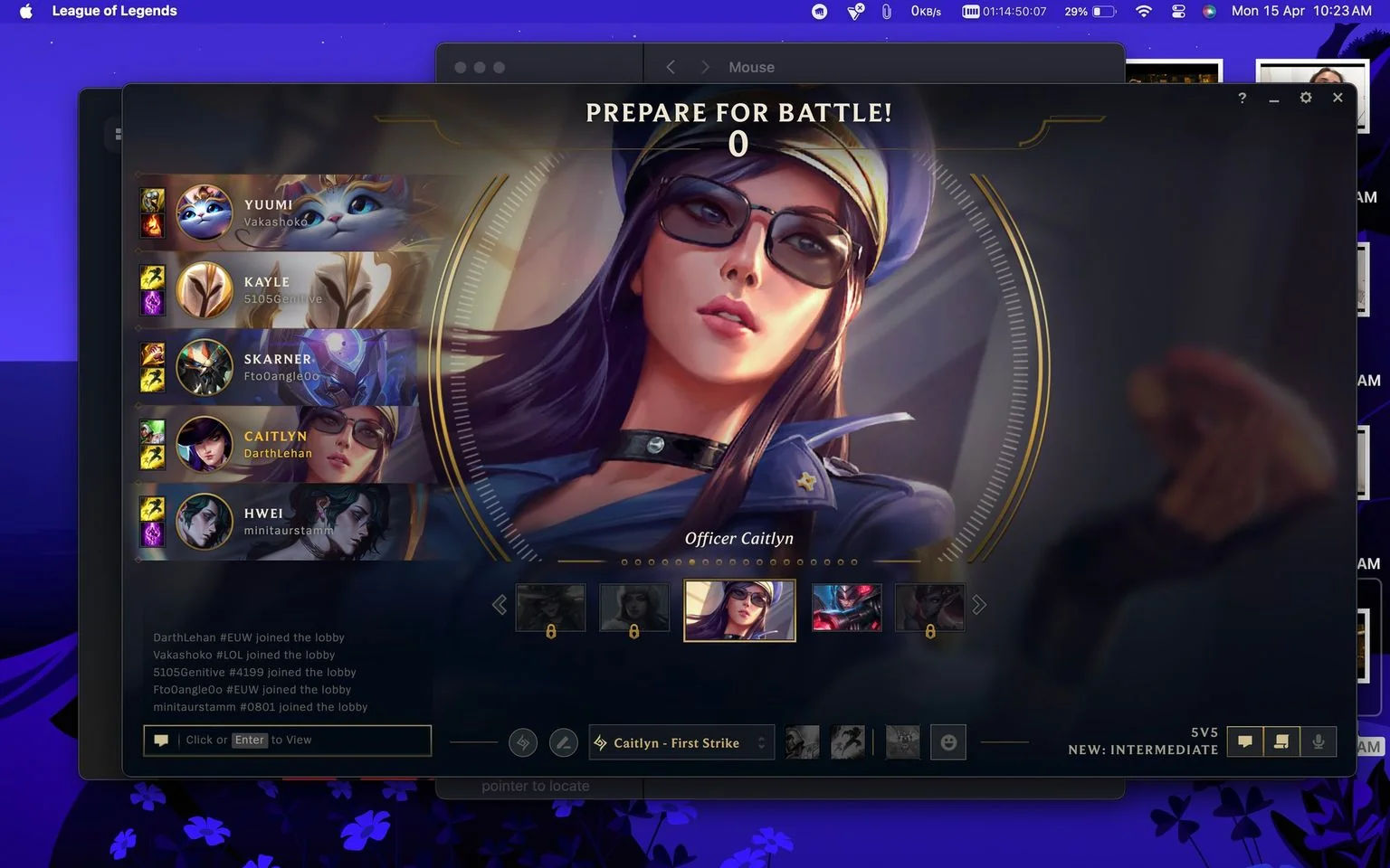 The image is a screenshot from the game "League of Legends," showing the character selection screen. The focus is on "Officer Caitlyn," a character with a police officer theme, wearing a blue uniform, sunglasses, and a cap. The interface displays the player's team composition on the left, featuring characters such as Yuumi, Kayle, and Skarner, along with Caitlyn and Hwei. Each character is associated with a player's username, indicating a multiplayer setting. The background is a desktop with a purple and blue theme, showing it is running on a computer with a MacOS interface. The text "PREPARE FOR BATTLE!" is prominently displayed at the top, signaling the imminent start of a game. The lighting in the scene is vibrant, enhancing the colors of the characters' illustrations. The mood is competitive, as indicated by the preparation phase before the battle. The desktop clock shows the time as 10:23 AM on Monday, April 15.