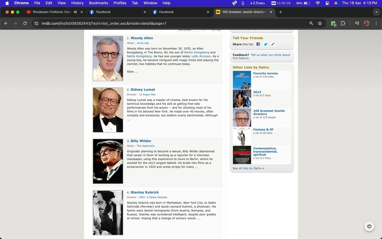 The image is a screenshot from IMDb displaying a list titled "100 Greatest Jewish directors." The layout features portraits and brief biographies of four prominent filmmakers: Woody Allen, Sidney Lumet, Billy Wilder, and Stanley Kubrick. Each entry includes a portrait of the director, their name, and a notable work they are associated with. For instance, Woody Allen is linked with "Annie Hall," while Sidney Lumet is noted for "12 Angry Men."
The page's design is typical of IMDb, with a clean and structured format. On the right side, there are links to other lists created by a user named Rafou, such as "Favorite movies" and "Fantasy & SF." The directors' images vary in style, with some in color and others in black and white. Their portraits show them in various poses, some with serious expressions and others with a hint of a smile.
The background is plain, highlighting the content itself. Text such as "Tell Your Friends" suggests options for sharing the list, emphasizing the community and interactive aspects of the site. The interface is user-friendly, typical of IMDb's organizational style. Overall, the screenshot effectively presents a curated list of influential Jewish filmmakers, celebrating their contributions to cinema.