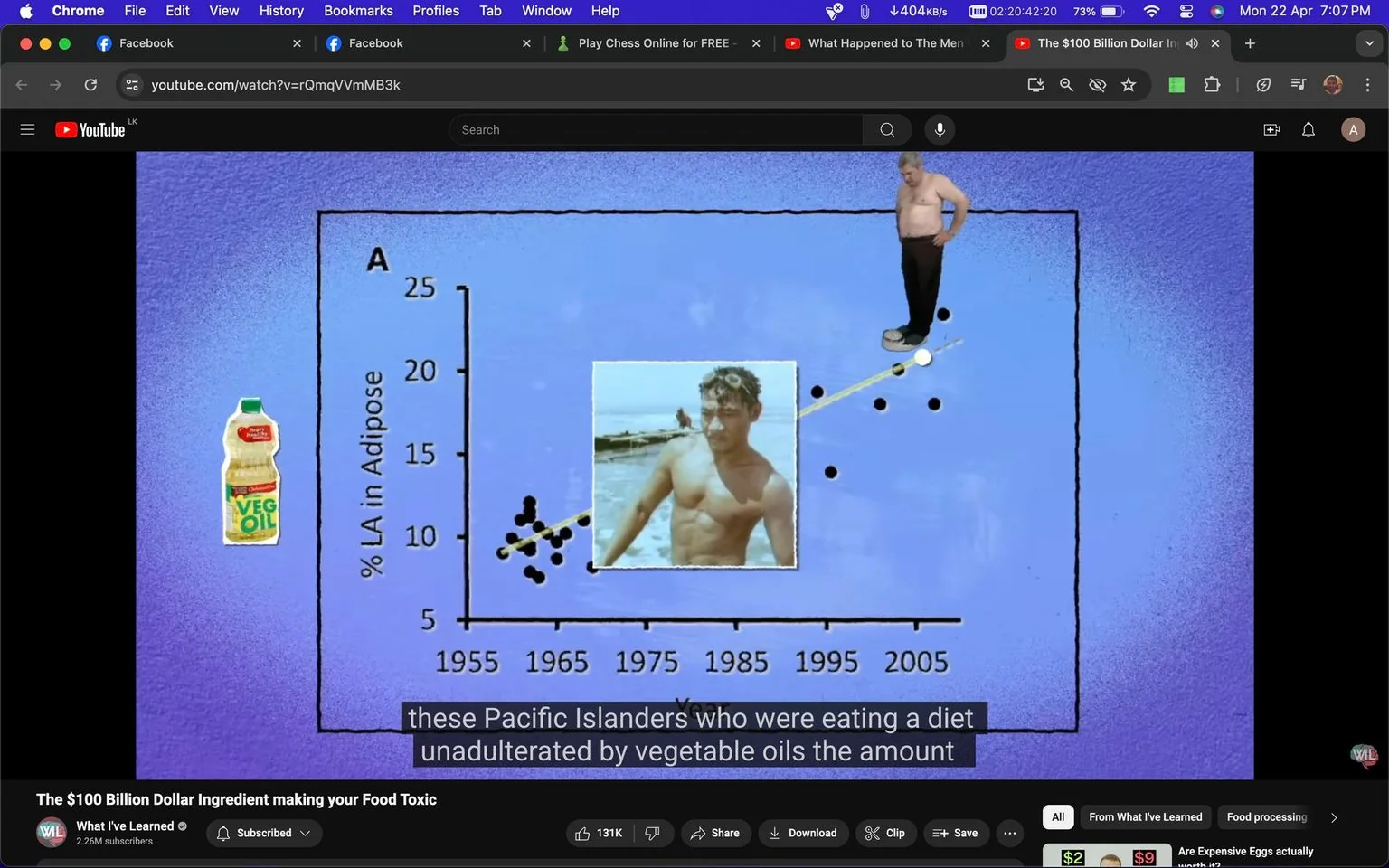 The image is a screenshot from a YouTube video titled "The $100 Billion Dollar Ingredient making your Food Toxic," featured on the channel "What I've Learned." The scene is a visually composed illustration, likely discussing the impact of vegetable oils on health. In the background is a graph showing the percentage of Linoleic Acid (LA) in adipose tissue over time, from 1955 to 2005. The graph has a rising trend line.
Overlaying the graph is an illustration with a bottle labeled "VEG OIL" on the left, indicating the topic's focus on vegetable oil. A photo of a fit man in beachwear is placed on the graph's lower section, contrasting with an image of a heavier man on the far right. The visual juxtaposition suggests a narrative about diet and physical health changes over time. The graph's blue background contrasts with the highlighted images, drawing attention to the visual message about dietary impact.
Title: "The $100 Billion Dollar Ingredient making your Food Toxic"
Channel / profile: "What I've Learned"
Site / app: "YouTube"
Captions / subtitles: "these Pacific Islanders who were eating a diet unadulterated by vegetable oils the amount"