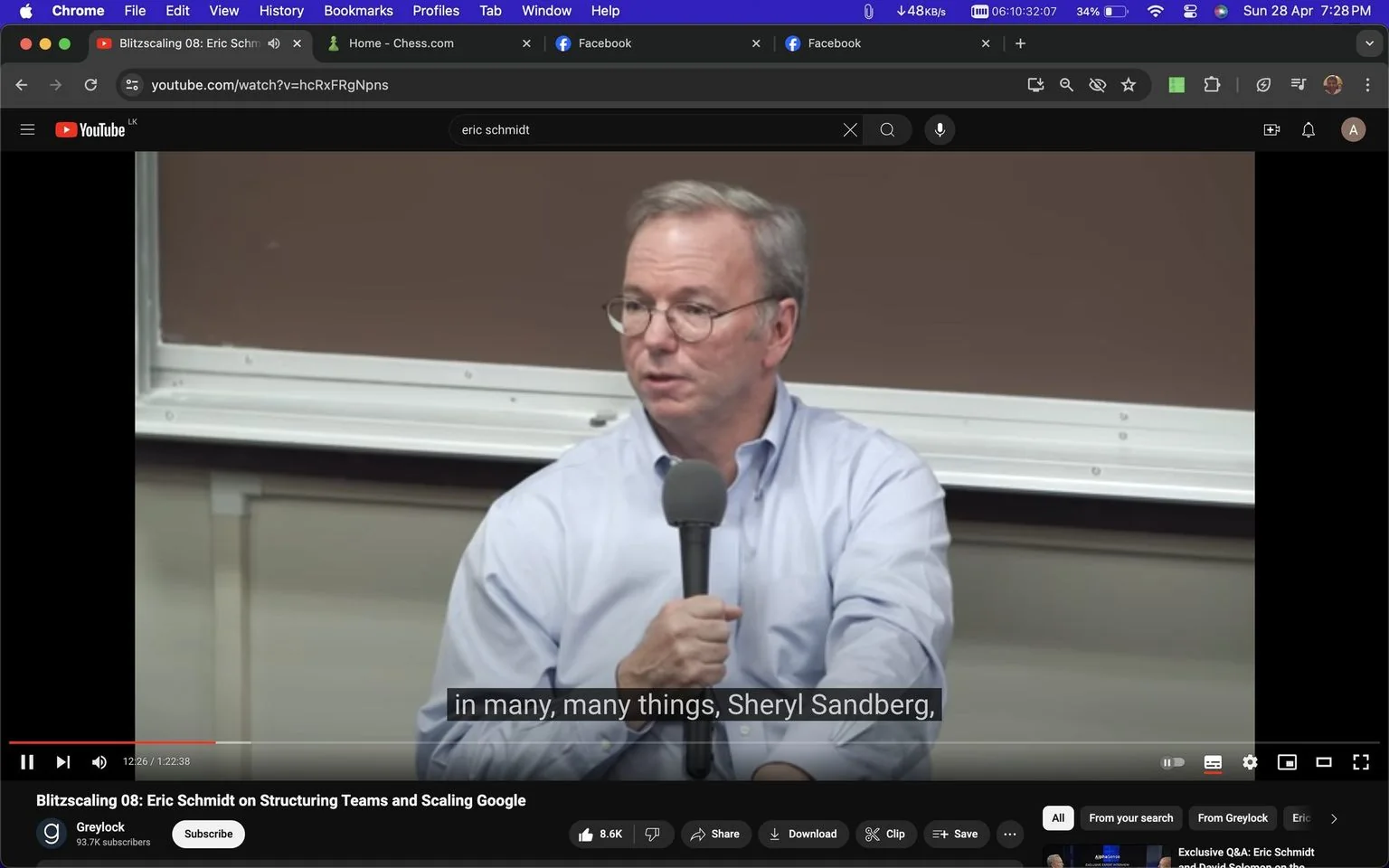 Eric Schmidt is shown speaking in an indoor setting, likely a lecture or panel discussion. He is holding a microphone and wearing glasses, a light blue shirt, and has a serious yet engaged expression, indicative of a thoughtful discussion. The background features a whiteboard or projection screen, typical of an academic or conference environment. The room lighting is bright, providing clear visibility.
The video frame is from a YouTube video titled "Blitzscaling 08: Eric Schmidt on Structuring Teams and Scaling Google," hosted on the channel Greylock, which has 93.7K subscribers. The video appears to focus on business and technology topics, specifically involving team structuring and scaling within a company. Captions at the bottom of the frame display a mention of "Sheryl Sandberg," indicating part of the conversation or topic being addressed.
- Title: "Blitzscaling 08: Eric Schmidt on Structuring Teams and Scaling Google"
- Channel / profile: "Greylock"
- Site / app: "YouTube"
- Captions / subtitles: "in many, many things, Sheryl Sandberg,"
