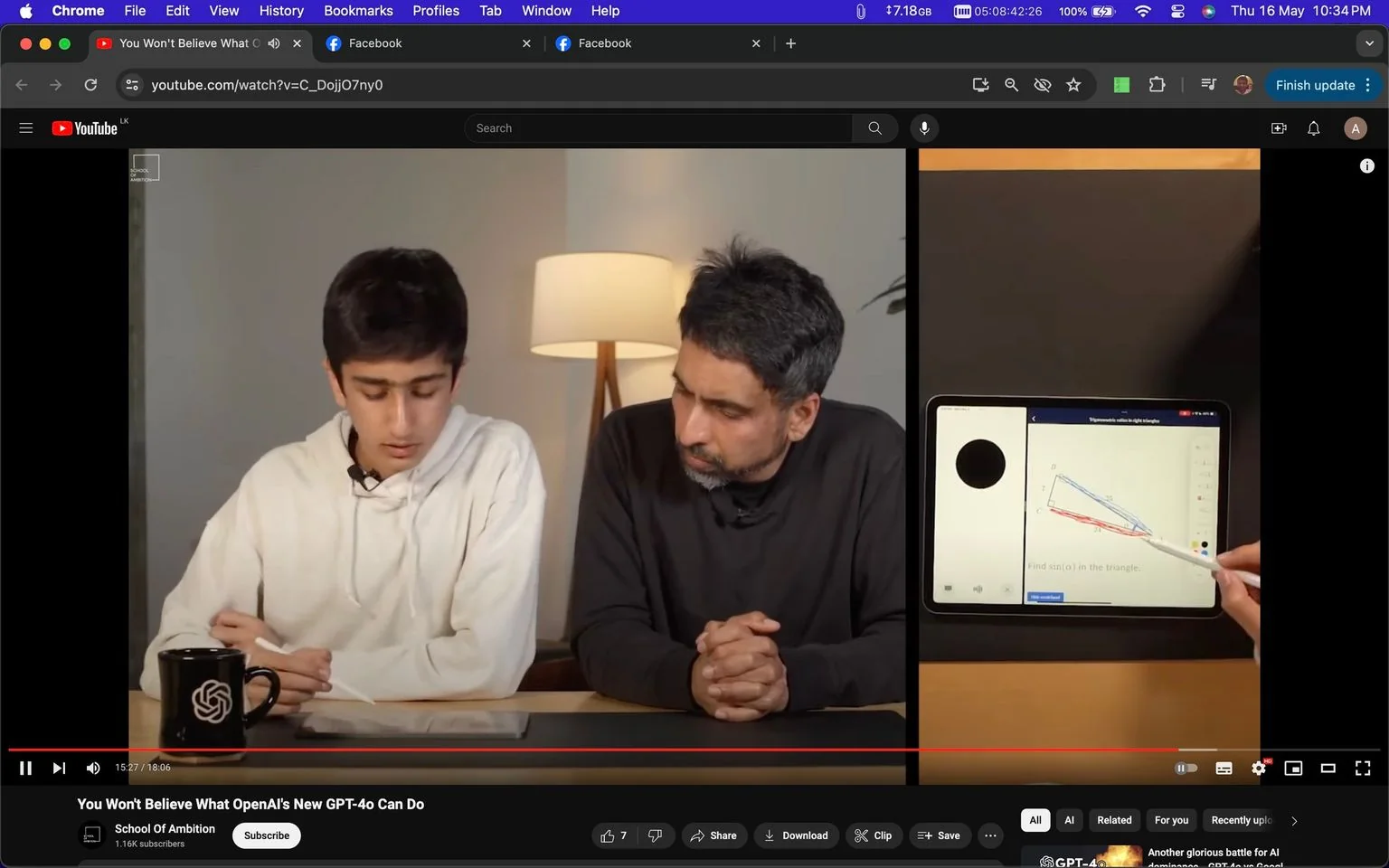 The screenshot captures a YouTube video titled "You Won't Believe What OpenAI's New GPT-4o Can Do," featured on the channel "School Of Ambition." The scene is set indoors with two individuals sitting at a table. One is a young person wearing a white hoodie, focused on writing or drawing with a stylus on a tablet. Next to them is an older individual in a dark shirt, observing attentively. The setting includes a lamp in the background, contributing warm lighting to the scene. On the right side of the image, a split screen shows a close-up of a tablet displaying a diagram of a triangle, with text prompting to find the sine of an angle. The presence of a mug with the OpenAI logo suggests a focus on artificial intelligence, aligning with the video's topic on OpenAI's GPT-4o capabilities. The scene conveys an educational and informative mood, with a clear emphasis on technology and learning.
