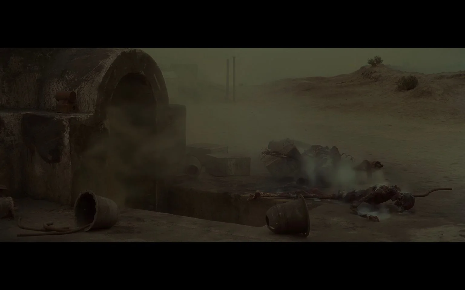 The image depicts a desolate and haunting scene from "Star Wars," set in a barren desert landscape. The foreground features the entrance of an underground dwelling with a rounded, concrete structure, partially obscured by swirling dust. The ground is scattered with several objects, including buckets and debris, lending an abandoned and neglected feel to the environment. In the background, the hazy, muted colors of the desert extend toward low hills under an overcast sky, contributing to the somber and bleak atmosphere.
Near the entrance, there are remnants of what appear to be charred and smoldering structures, hinting at recent destruction or conflict. The muted color palette and the soft, diffused lighting enhance the mood of desolation and loss. The scene evokes a sense of aftermath, suggesting a storyline of struggle or tragedy, typical of the thematic elements found in "Star Wars." The composition effectively conveys a narrative of desolation within the vastness of the desert setting.