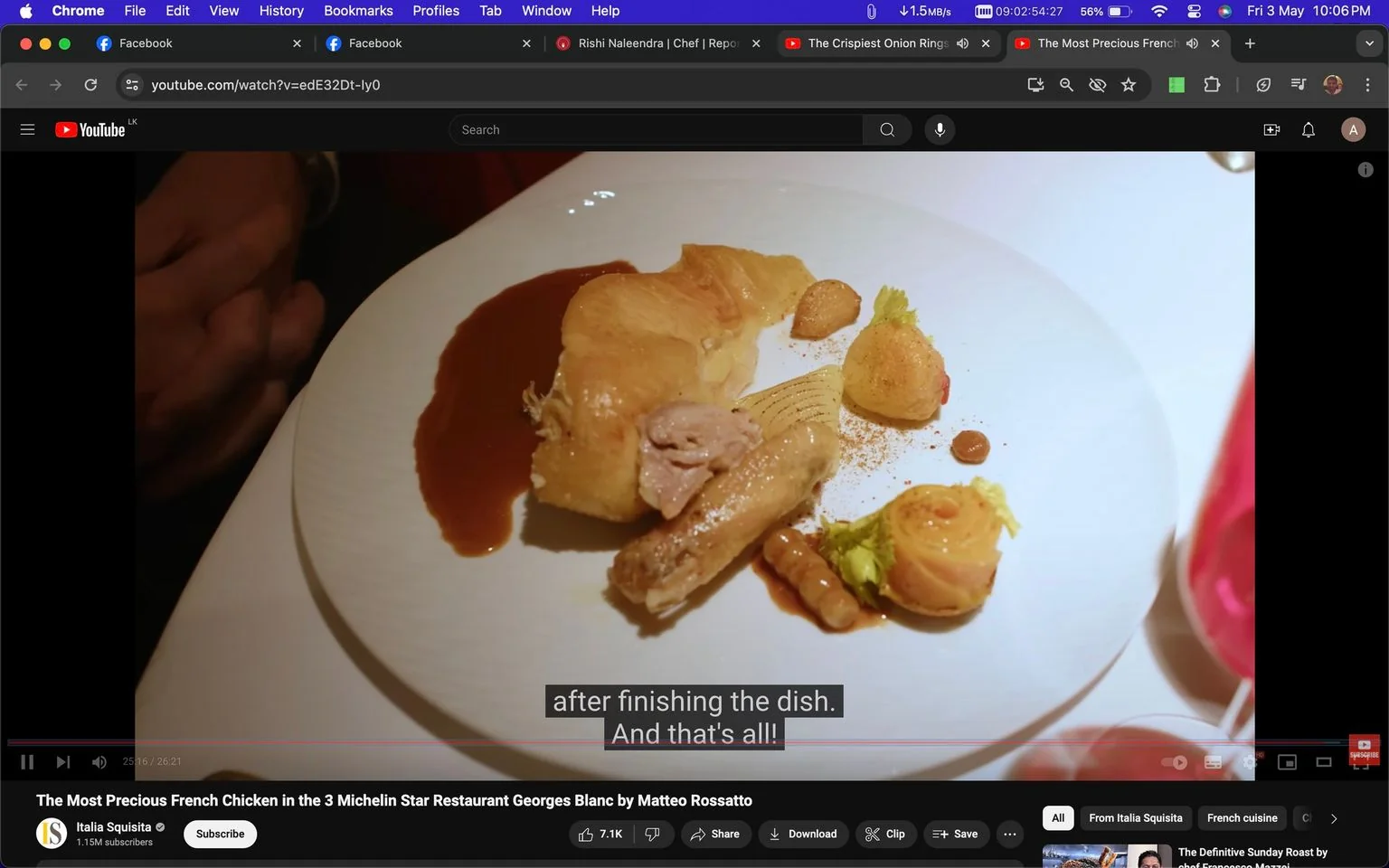 The video frame shows a gourmet dish beautifully presented on a white plate, typical of high-end dining. The main focus is a piece of cooked chicken accompanied by a rich, dark brown sauce elegantly drizzled on the side. Additional garnishes add texture and color, featuring roasted vegetables and small herbs meticulously placed around the chicken, showcasing a balance of flavors and aesthetics. The setting is likely an upscale restaurant environment, reflecting sophistication and attention to detail. The lighting is warm, highlighting the food's colors and textures, enhancing the dish's visual appeal.
The YouTube video is titled "The Most Precious French Chicken in the 3 Michelin Star Restaurant Georges Blanc by Matteo Rossatto," indicating a focus on culinary excellence. The channel is "Italia Squisita," known for showcasing exquisite cuisine. Subtitles in the frame read, "after finishing the dish. And that's all!" suggesting a concluding statement about the dish. The video likely explores the intricacies of preparing and presenting a high-quality French chicken dish at a prestigious restaurant.
- Title: "The Most Precious French Chicken in the 3 Michelin Star Restaurant Georges Blanc by Matteo Rossatto"
- Channel / profile: "Italia Squisita"
- Site / app: "YouTube"
- Captions / subtitles: "after finishing the dish. And that's all!"