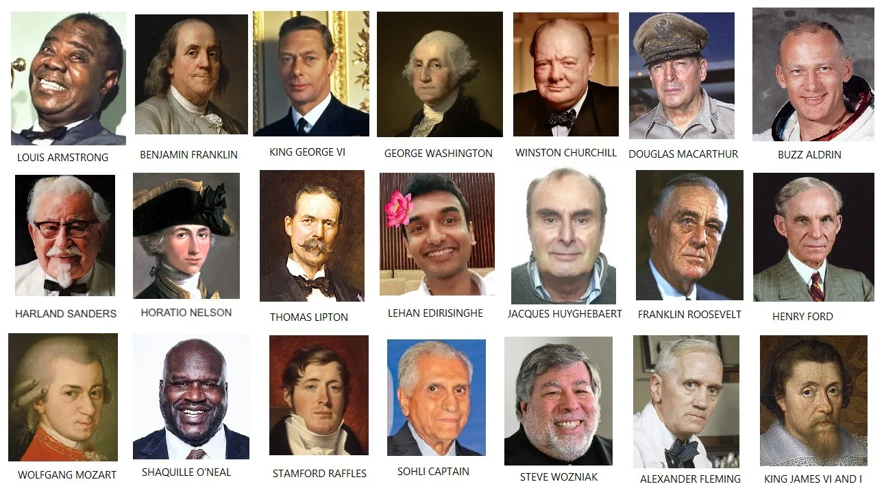 This image displays a collage of portraits featuring a diverse array of famous figures from history and contemporary times. Each portrait is captioned with the person's name, offering an easy reference to their identity. The collection includes notable individuals such as Louis Armstrong, Benjamin Franklin, King George VI, George Washington, and Winston Churchill. The portraits vary in style from classic paintings like those of George Washington and Horatio Nelson to modern-day photographs such as those of Buzz Aldrin and Steve Wozniak.
The arrangement is in a grid format, creating a structured and organized visual presentation. Each individual is depicted in a manner that is characteristic of their time, with attire ranging from colonial-era clothing to modern business suits. The diverse backgrounds and expressions reflect the unique contributions and eras these figures represent. The lighting and color across the portraits differ, with some in monochrome or sepia tones and others in full color, adding to the visual diversity of the collage. This collection serves as a tribute to these influential personalities, showcasing a wide spectrum of fields including politics, science, music, and business.