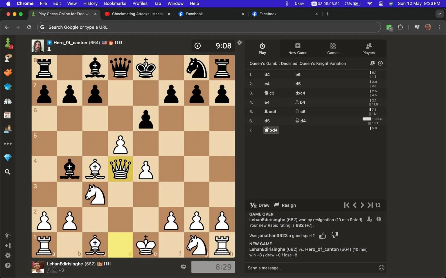 The image is a screenshot from Chess.com, showcasing an online chess game between two players, "Hero_of_canton" and "LehanEdirisinghe." The interface displays a chessboard with pieces in mid-game. The game's current position shows white having a strategic advantage, which led to "Hero_of_canton" resigning, as noted in the game summary. The player's ratings are given, with LehanEdirisinghe rated at 682 and Hero_of_canton at 664. The interface also shows move history on the right and options like "New Game" and "Play."
The screenshot captures a typical interface with the chessboard centered and player information on the sides. A dark theme highlights the contrast between the board and the text. The browser tabs at the top indicate other open pages, hinting at a multitasking user. The interface provides features such as a chat option and a move history panel, aiding in player analysis. The game ended in a resignation, increasing LehanEdirisinghe's rating by 7 points.