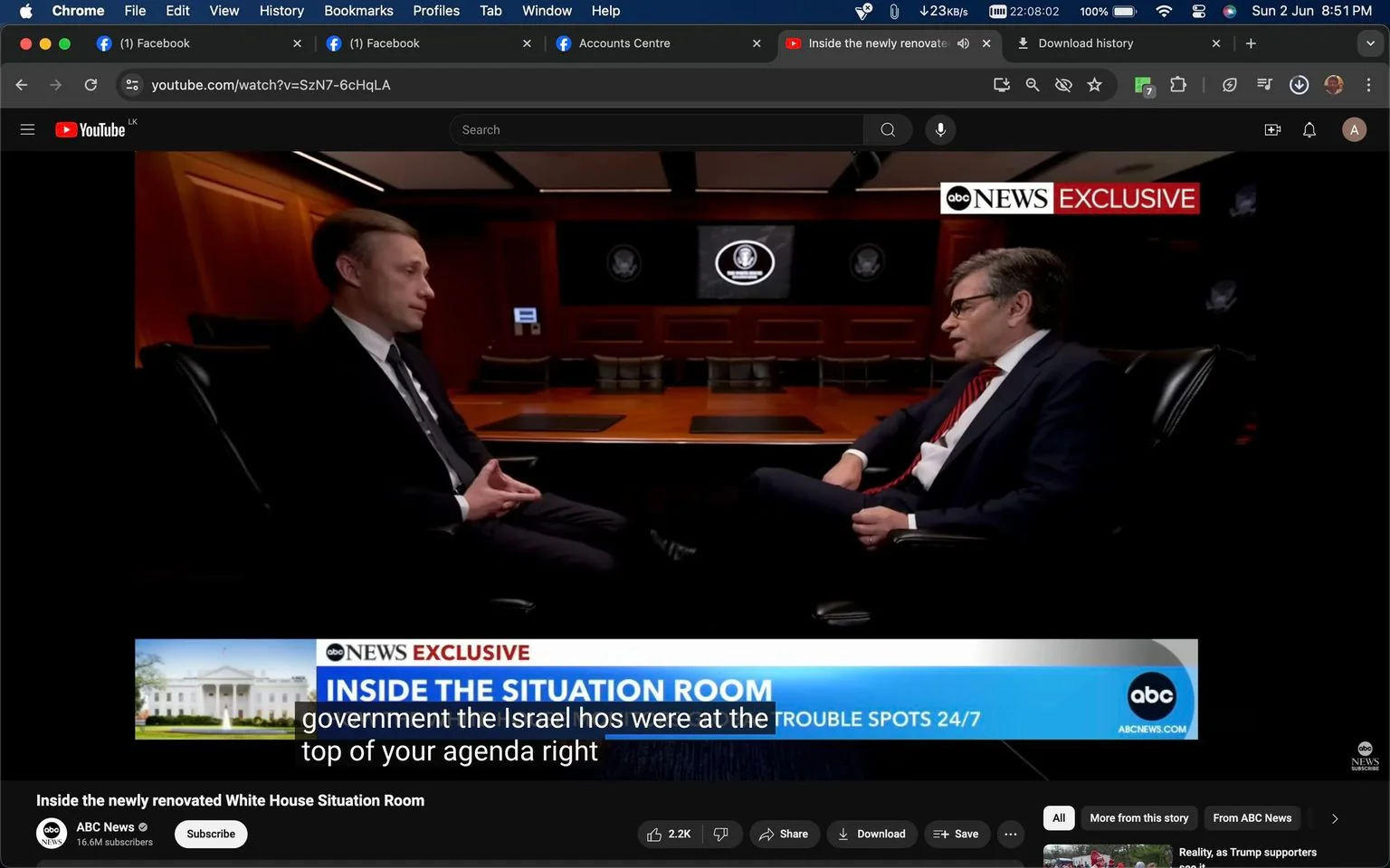 The image is a screenshot from a YouTube video titled "Inside the newly renovated White House Situation Room" from the ABC News channel. The scene shows an interview between two individuals seated in an elaborately furnished room with polished wood paneling and modern amenities. The setting is likely the White House Situation Room, given the context and branding on display. The person on the left is wearing a dark suit, white shirt, and tie, sitting with hands clasped, appearing engaged in conversation. The person on the right is also in a dark suit with a red-striped tie and glasses, leaning slightly forward with legs crossed, suggesting an attentive posture.
The lighting is subdued but focused, creating an intimate yet formal atmosphere typical of high-stakes interviews. In the background, monitors display a seal or logo, adding to the official ambiance. The ABC News logo is visible in the top-right corner, indicating an exclusive segment. Subtitles on the screen read, “government the Israel hos were at the top of your agenda right,” providing context to the discussion. The video seems to explore the significance and recent updates to the White House Situation Room, focusing on political and strategic matters.
- Title: "Inside the newly renovated White House Situation Room"
- Channel / profile: "ABC News"
- Site / app: "YouTube"
- Captions / subtitles: "government the Israel hos were at the", "top of your agenda right"