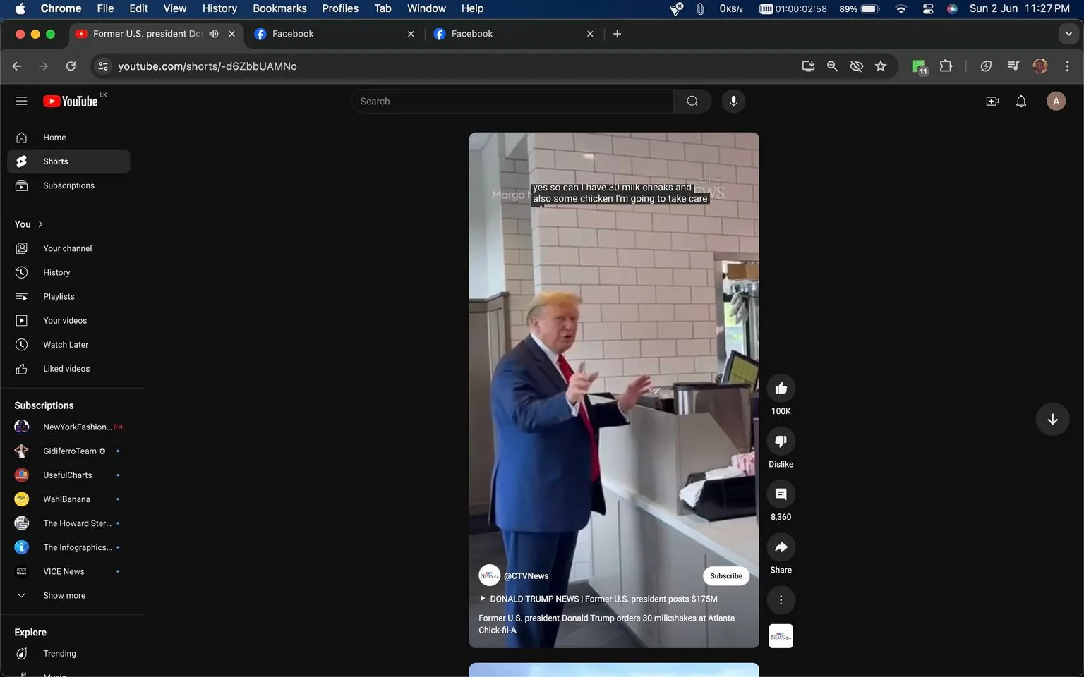 The image is a screenshot from YouTube, showing a short video titled "Former U.S. president Donald Trump orders 30 milkshakes at Atlanta Chick-fil-A" on the CTVNews channel. The setting is indoors, likely at a Chick-fil-A restaurant, with a tiled wall in the background. The scene captures a man standing at the counter, wearing a blue suit, white shirt, and red tie. His posture is animated, with one hand gesturing as he speaks. The lighting is bright, typical of a fast-food restaurant.
In the foreground, a counter with various items like a register and paper supplies is visible. The on-screen text includes a subtitle: "yes so can I have 30 milk cheaks and also some chicken I'm going to take care." Below the video, there is meta-information showing 100K likes and options to dislike, comment, and share. The video appears to be part of YouTube Shorts, noted by the vertical format and interface elements. The video is from the CTVNews channel, with additional text mentioning "DONALD TRUMP NEWS | Former U.S. president posts $175M."