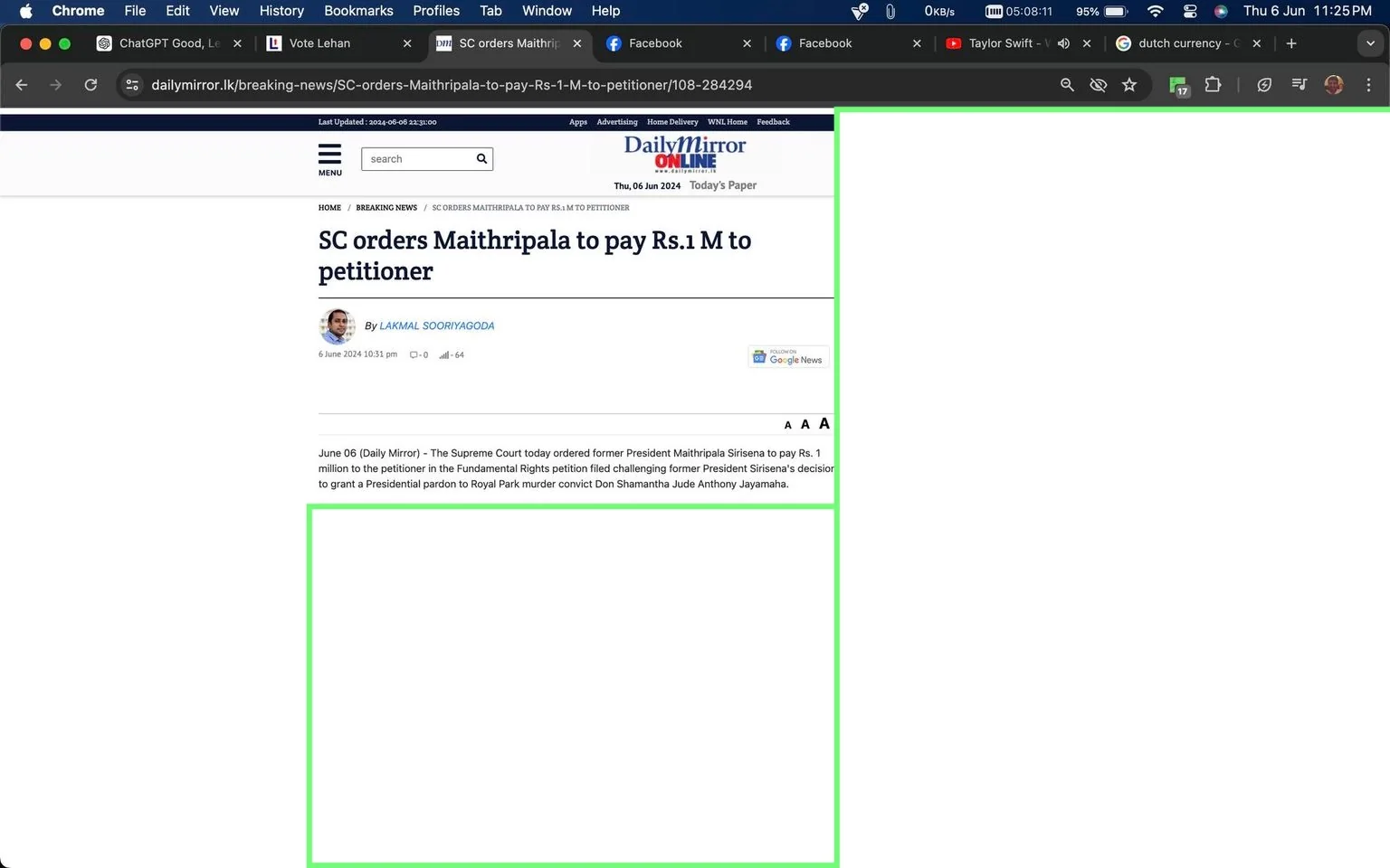 The screenshot captures a news article from the Daily Mirror website. The headline reads, "SC orders Maithripala to pay Rs.1 M to petitioner," with the article authored by Lakmal Sooriyagoda. The article was published on June 6, 2024, at 10:31 pm. The main content outlines a Supreme Court order requiring former President Maithripala Sirisena to pay Rs. 1 million to a petitioner. This is in relation to a Fundamental Rights petition challenging Sirisena's decision to grant a Presidential pardon to Don Shamantha Jude Anthony Jayamaha, a convict in the Royal Park murder case. The website's branding is evident at the top as "Daily Mirror ONLINE," with navigation options visible, including sections for news and articles. The screenshot is from a web browser, as indicated by the browser header and multiple open tabs. The layout is typical of an online news article, with the headline and author details prominently displayed.