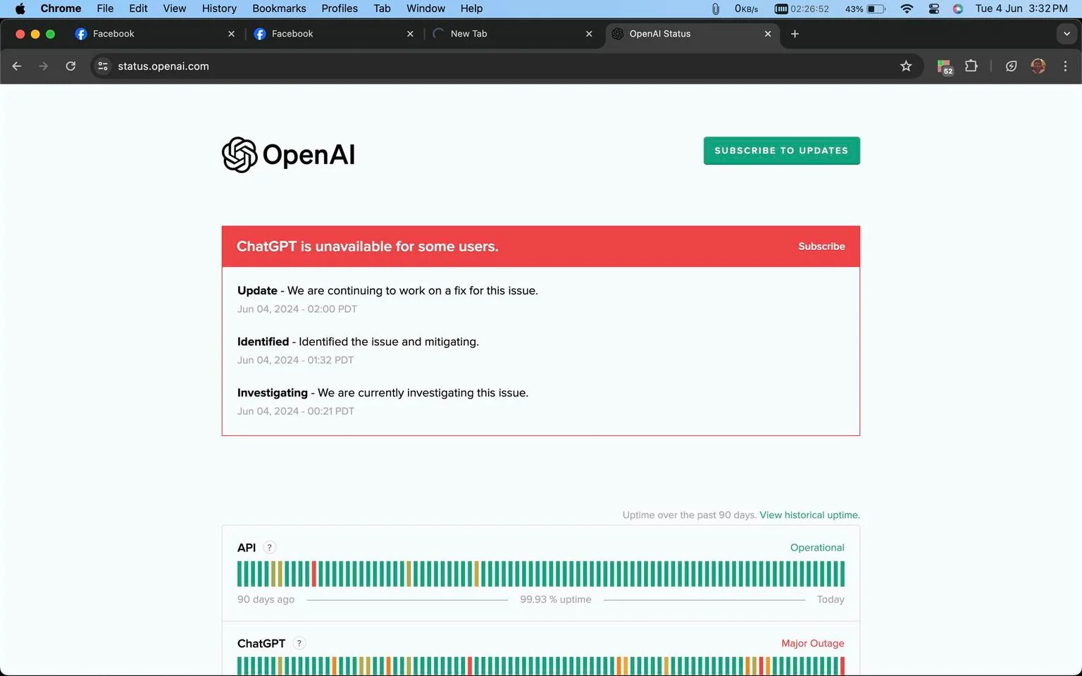 The image is a screenshot of the OpenAI Status page viewed on a web browser. The page is displaying a critical update regarding the availability of ChatGPT, indicating that it is unavailable for some users. A red banner at the top highlights the outage. Below the banner, updates are timestamped, showing the progression of the issue's investigation and mitigation efforts. The timestamps indicate the problem was identified and is being worked on, as of June 4, 2024. The page includes a "Subscribe to Updates" button for users who wish to receive notifications about status changes.
In the lower part of the image, there are graphical representations of uptime for the API and ChatGPT over the past 90 days, with the current day showing a major outage for ChatGPT. The website is accessed via the Chrome browser, as indicated by the interface elements at the top, including open tabs, bookmarks, and the current date and time displayed on the system bar.