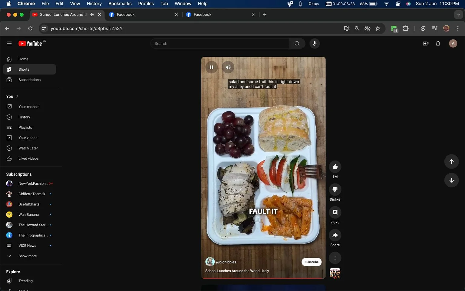 The screenshot displays a YouTube Shorts video with the title "School Lunches Around the World | Italy" by the channel "@bignibbles." The video shows a meal tray featuring various Italian foods, including sliced bread with olive oil, red grapes, chicken with herbs, sliced tomato and cucumber salad, and pasta in red sauce. The background is a wooden surface, giving a rustic feel. The interface shows typical YouTube elements, including options for liking, commenting, and sharing. Captions on the video mention enjoying the salad and fruit, while the screen also has text reading "FAULT IT." The video's aesthetic focuses on clean presentation and vibrant colors, emphasizing fresh and appetizing Italian cuisine.