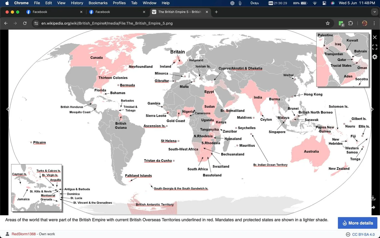 The image is a screenshot from Wikipedia displaying a map titled "The British Empire 5 - British Empire Map." It illustrates areas of the world that were part of the British Empire, with current British Overseas Territories underlined in red. The map features a world view where territories once under British control are shaded in pink, while mandates and protected states are shown in a lighter shade. Notable regions include Canada, Australia, India, and parts of Africa and the Caribbean. The map is detailed with labels indicating specific territories such as Gibraltar, Bermuda, Hong Kong, and the Falkland Islands. An inset map highlights the Caribbean region. The map is a visual historical record of the global extent of the British Empire, useful for understanding colonial impact worldwide. The screenshot includes browser interface elements, indicating it was captured from a computer screen. The text towards the bottom credits the creator as "RedStorm1368" and specifies the work as original.
- Title: "The British Empire 5 - British Empire Map"
- Site / app: "Wikipedia"