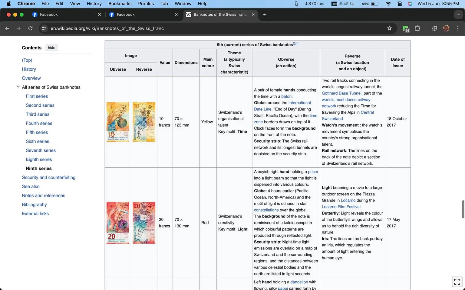 The screenshot displays a section of a Wikipedia page titled "Banknotes of the Swiss franc." It features a table detailing the 9th series of Swiss banknotes. The page is viewed in a Chrome browser, with tabs open for Facebook and Wikipedia. The content includes images of the obverse and reverse sides of the 10 and 20 franc notes. The 10 franc note is primarily yellow, representing Switzerland's organizational talent with the key motif of time. It features elements like female hands conducting time and a globe. The 20 franc note is red, symbolizing Switzerland's creativity with light as a key motif. It depicts a hand holding a prism and includes thematic elements such as constellations and light beams. The release dates for these notes are 18 October 2017 and 17 May 2017, respectively. The sidebar on the left provides a table of contents for the page, listing different series of Swiss banknotes.