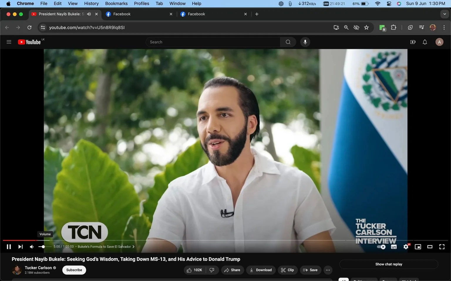 The image is a screenshot from a YouTube interview featuring President Nayib Bukele. The setting is outdoors, with lush greenery in the background, suggesting a natural and serene environment. President Nayib Bukele is seen wearing a white shirt, giving a casual yet professional appearance. He appears engaged in conversation, likely answering a question, as indicated by his expressive demeanor and open posture.
The interview is part of "The Tucker Carlson Interview" series, as seen in the logo at the bottom right. The El Salvadorian flag is partially visible on the right side, further emphasizing the context of the conversation. The video title indicates that the discussion covers topics such as God's wisdom, combating the MS-13 gang, and advice to Donald Trump.
The interface shows standard YouTube elements, such as video control buttons, view count, and engagement options like thumbs up and down, indicating an active viewer interaction layout. The channel hosting this content, "Tucker Carlson," has 2.18M subscribers, highlighting its significant reach and influence.
- Title: "President Nayib Bukele: Seeking God's Wisdom, Taking Down MS-13, and His Advice to Donald Trump"
- Channel / profile: "Tucker Carlson"
- Site / app: "YouTube"