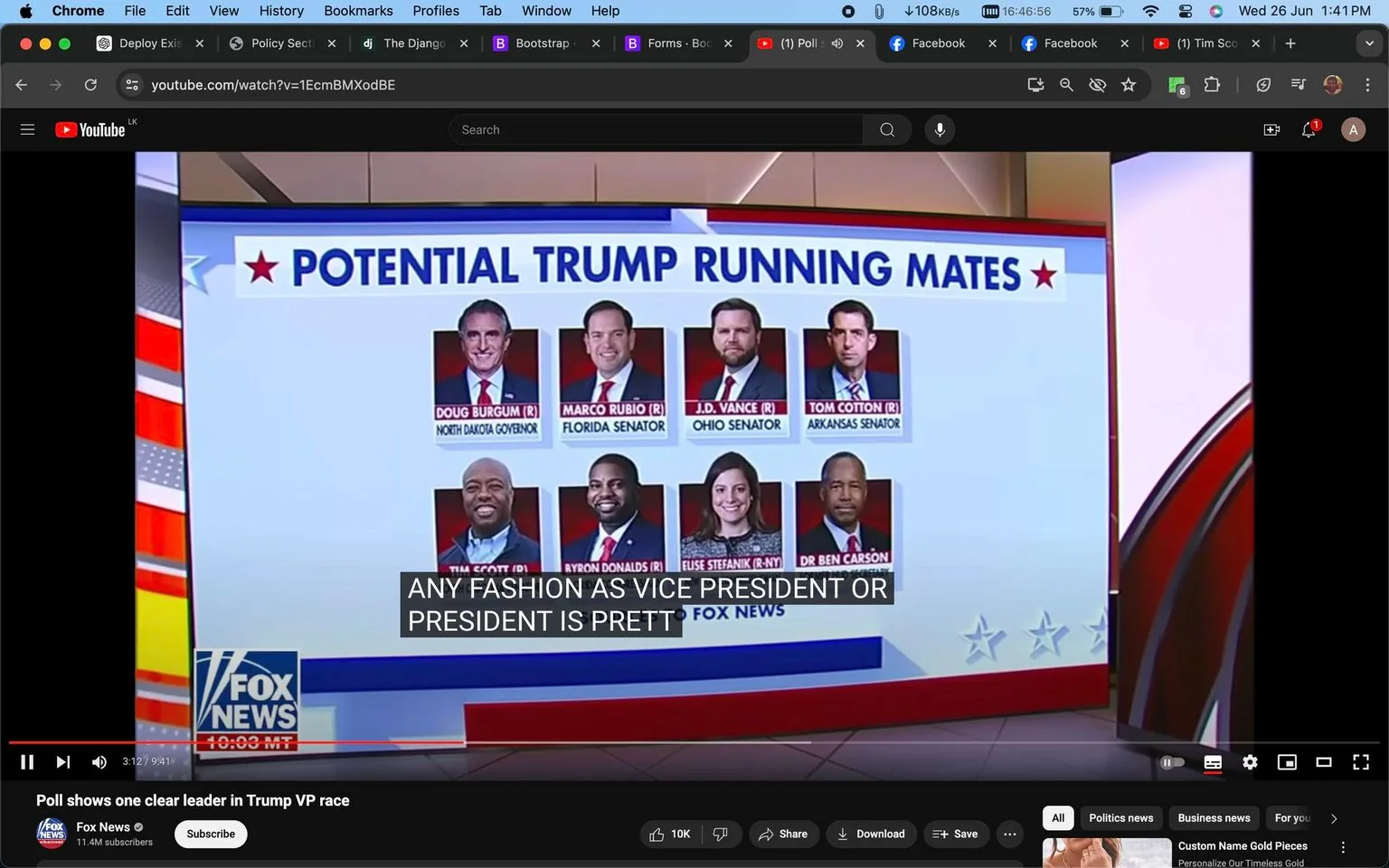 ```
The image is a screenshot from a YouTube video titled "Poll shows one clear leader in Trump VP race," hosted on the Fox News channel. This broadcast features a graphic titled "POTENTIAL TRUMP RUNNING MATES," highlighting several individuals as possible vice-presidential candidates. The names listed are Doug Burgum, Marco Rubio, J.D. Vance, Tom Cotton, Tim Scott, Byron Donalds, Elise Stefanik, and Dr. Ben Carson. Each name is accompanied by their political title or state, such as "North Dakota Governor" or "Arkansas Senator."
This segment is part of a Fox News broadcast, featuring a blue and red color scheme typical of news graphics. The potential candidates are depicted in professional attire against a neutral backdrop. Subtitles at the bottom of the screen include the line "ANY FASHION AS VICE PRESIDENT OR PRESIDENT IS PRETT," although the statement appears incomplete. The scene reflects a typical news setting with a focus on political analysis and speculation regarding future election dynamics.