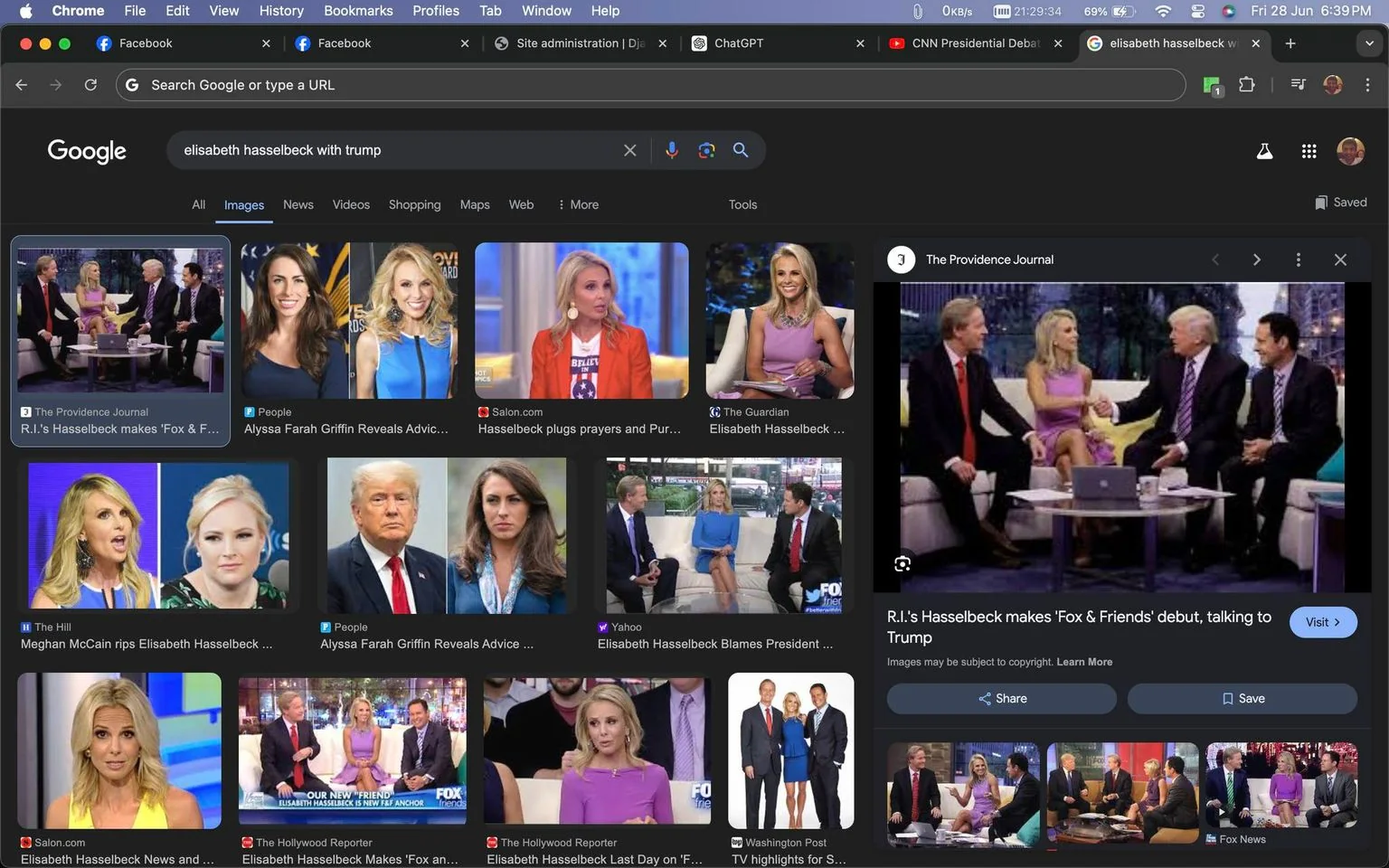 Elisabeth Hasselbeck appears in a series of images shown in a Google image search, with the search term being "elisabeth hasselbeck with trump." The main image in the search results shows Elisabeth Hasselbeck in conversation with a group that includes a man in a suit who is likely a public figure seated on a couch, part of a television talk show setting. The image has a bright, studio-like atmosphere typical of TV shows, with warm lighting and a modern set design.
Hasselbeck is wearing a light-colored dress, sitting with a professional posture, engaging with the others in the scene. The other individuals are dressed formally, reflecting a typical talk show setup. Below the image, there's a caption from The Providence Journal describing her on "Fox & Friends" and indicating a discussion involving prominent figures.
The background includes typical talk show elements like a coffee table with papers and a laptop, suggesting a live broadcast context. The screenshot captures a typical media search interface, including the browser tabs and search bar, highlighting a user's search for images involving Elisabeth Hasselbeck and a notable public figure.