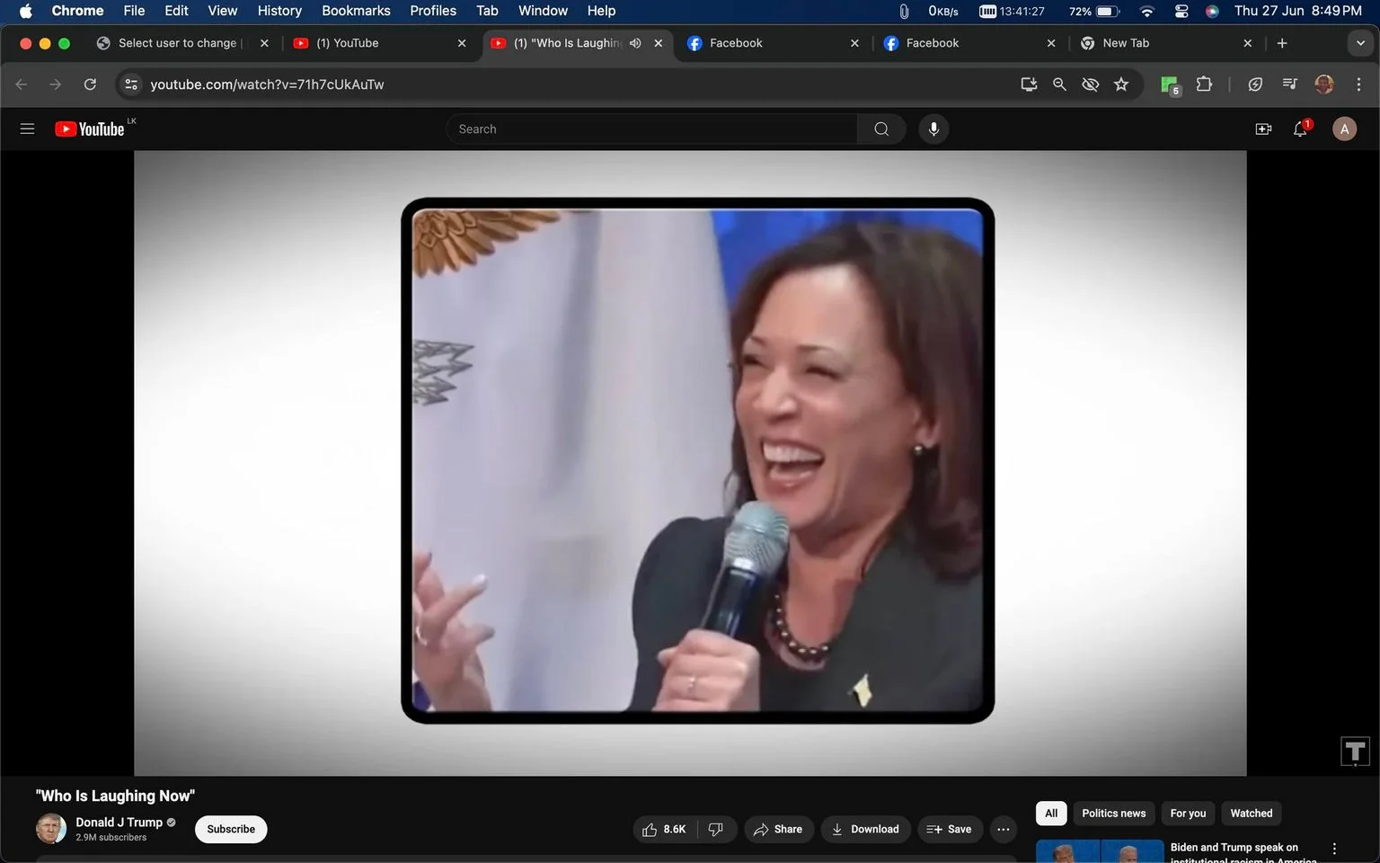 The image is a screenshot from a YouTube video titled "Who Is Laughing Now" on the channel "Donald J Trump." It shows a scene where Kamala, as identified by the hint, is laughing while holding a microphone. She is wearing a dark suit with a pearl necklace and appears to be on stage or at a public speaking event. In the background, there is part of a flag visible, adding to the formal context. The atmosphere suggests a lively and humorous moment, with Kamala exhibiting a joyful expression. The screenshot captures YouTube's interface, including video title, channel name, and engagement metrics like likes and views. The overall setting appears to be a formal gathering, likely related to politics, given the channel and context.
- Title: "Who Is Laughing Now"
- Channel / profile: "Donald J Trump"
- Site / app: "YouTube"