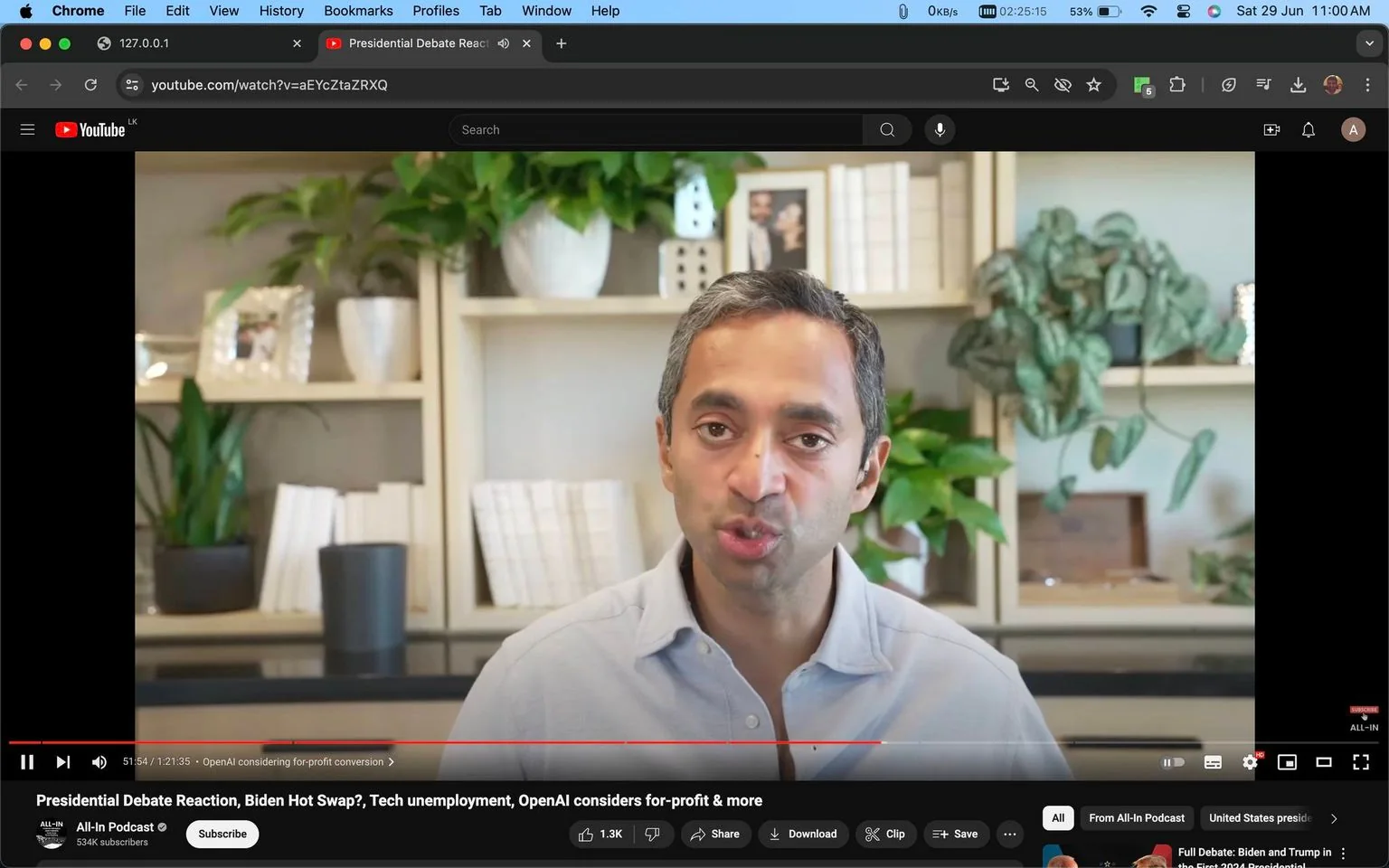 Chamath Palihapitiya is featured in this YouTube video screenshot, which is from the "All-In Podcast" channel. The video is titled "Presidential Debate Reaction, Biden Hot Swap?, Tech unemployment, OpenAI considers for-profit & more." The scene shows Chamath Palihapitiya indoors, sitting in front of a bookshelf filled with books and plants. He is wearing a light-colored shirt and appears to be engaged in a discussion or interview. Behind him, there are framed pictures and various decorative items, adding a personal touch to the setting. The lighting is bright and evenly distributed, highlighting his facial expressions as he speaks. The YouTube interface indicates that the channel has 534K subscribers, and the video has options for liking, sharing, and saving. The timestamp shows the video is 51 minutes and 54 seconds into the total duration of 1 hour and 21 minutes. The overall mood of the scene is professional and informative, aligning with the discussion topics listed in the video title.
- Title: "Presidential Debate Reaction, Biden Hot Swap?, Tech unemployment, OpenAI considers for-profit & more"
- Channel / profile: "All-In Podcast"
- Site / app: "YouTube"