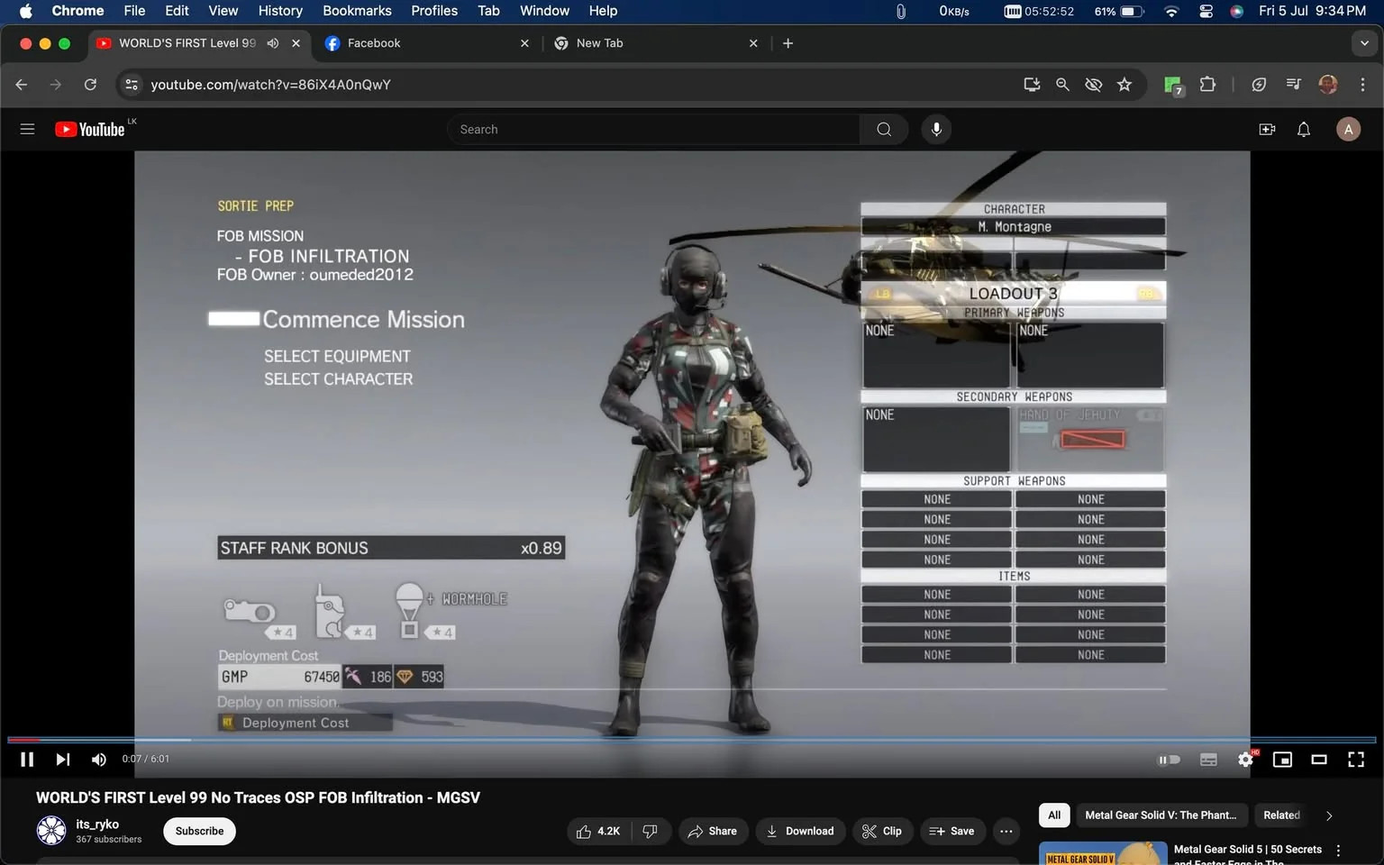 The screenshot depicts a video game interface from "Metal Gear Solid V: The Phantom Pain," specifically focused on mission setup and character selection. The setting is a digital interface where a player is preparing for a mission, labeled as "FOB MISSION - FOB INFILTRATION." The character displayed is named M. Montagne, depicted in a tactical suit with camouflage patterns and gear suitable for combat. The layout includes options for selecting equipment and characters, with a helicopter visible in the background, emphasizing the game's military theme.
Text on the interface details various loadout options, such as primary, secondary, and support weapons, though none are currently selected. The deployment cost in GMP (the game's currency) is shown along with other mission-related stats like "STAFF RANK BONUS x0.89." The title of the YouTube video suggests a unique achievement in the game: "WORLD’S FIRST Level 99 No Traces OSP FOB Infiltration - MGSV," uploaded by the channel "its_ryko." This scenario is part of a typical gaming setup where the player prepares for a mission, choosing characters and weapons before commencing.