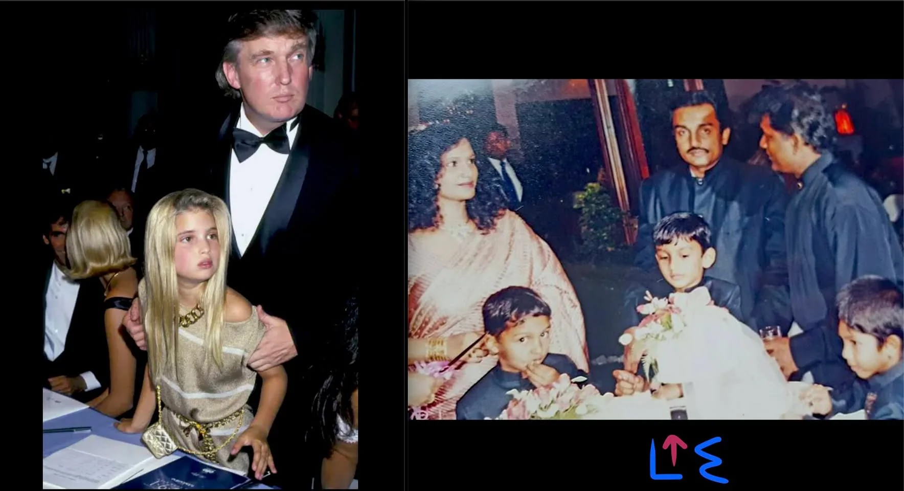 The image is divided into two photos. The left photo shows a formal event, with a man in a tuxedo holding a young girl with long blonde hair. They are surrounded by other people seated at tables, dressed in formal evening wear. The mood seems serious or contemplative as they look outwards.
The right photo depicts a family gathering. Shanika Edirisinghe, wearing a traditional sari, stands beside a young boy identified as Lehan Edirisinghe, who is in front of a table decorated with flowers. Several other people are around, including Palitha Edirisinghe and Thilanga Sumathipala, all dressed in traditional or formal attire. The setting suggests a celebratory or ceremonial event, with focus on the group gathered around the table.
The composition of both photos suggests a sense of formality and familial connection, with each capturing a specific moment in a larger event. The lighting is warm and indoor, consistent with the formal settings depicted.