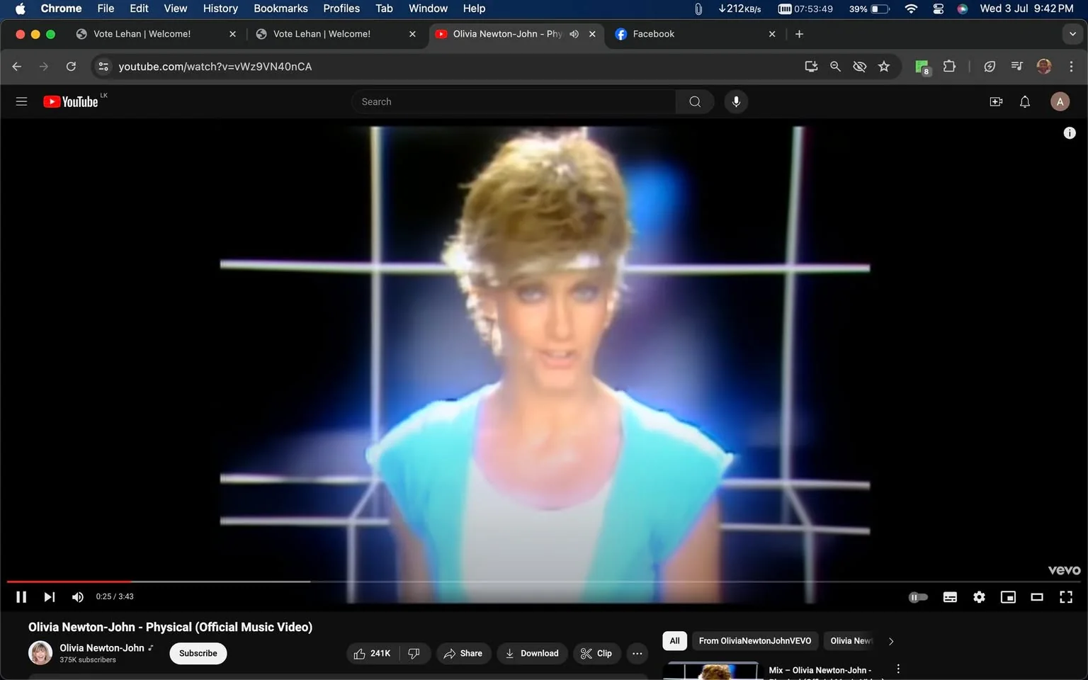 Olivia Newton John is featured prominently in this screenshot from the music video for her song "Physical." The visual style is characteristic of 1980s pop music videos, with vibrant colors and a retro aesthetic. Olivia Newton John is wearing a light blue top and a white headband, creating a casual and sporty look. Her expression is focused and engaging, as she appears to be performing directly to the camera. The background is simple, with a grid-like pattern that enhances the retro feel. The lighting is soft and creates a slight glow around her, highlighting her presence. This scene is part of the official music video available on YouTube, uploaded on the channel named "Olivia Newton-John." The video is well-known for its iconic style and was a significant part of the pop culture landscape during its release. The video's theme, style, and Olivia Newton John's performance contribute to its lasting popularity.
- Title: "Olivia Newton-John - Physical (Official Music Video)"
- Channel / profile: "Olivia Newton-John"
- Site / app: "YouTube"