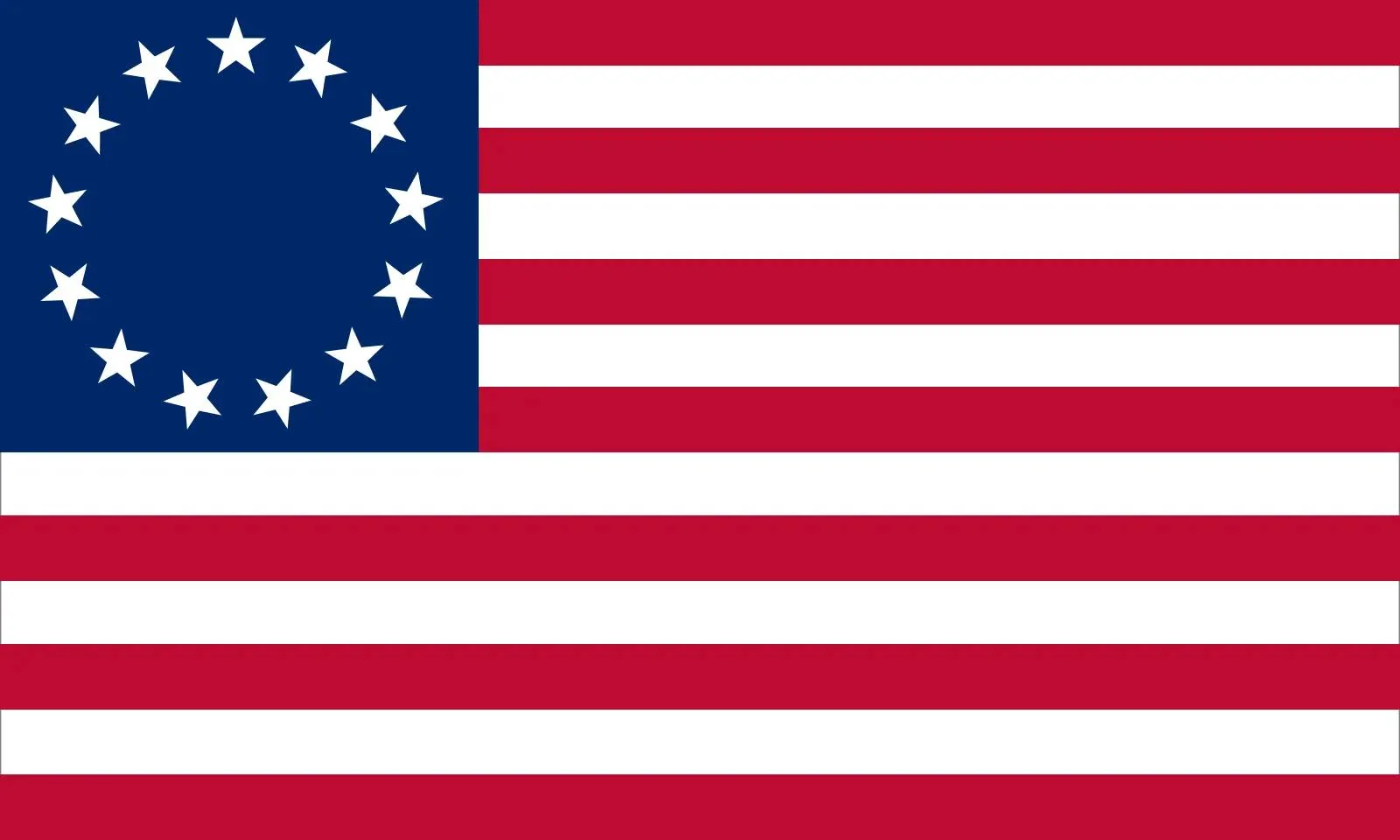 The image depicts the Betsy Ross flag, a historical version of the United States flag. It features 13 horizontal stripes alternating red and white, representing the original 13 colonies. In the top left corner, there's a blue canton containing 13 white stars arranged in a circle, symbolizing unity among the states. The flag is set against a plain background, emphasizing its design. The colors are vibrant, with deep red and blue contrasting against the white, creating a bold and impactful visual. This flag design is traditionally associated with the American Revolution and evokes a sense of patriotism and historical significance. The image captures the simplicity and iconic nature of early American symbolism, reflecting the nation’s beginnings.