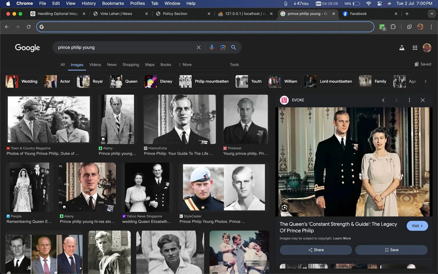 The screenshot shows a Google Image search results page for "prince philip young." The interface is typical of Google, with a black background and a grid of image thumbnails featuring a younger version of Prince Philip. The top row includes black and white as well as color photos of Prince Philip, showcasing him in various formal and candid settings.
On the right, a highlighted image features a young Prince Philip standing next to Queen Elizabeth II in an elegant indoor setting, with both dressed formally; Prince Philip is in a dark naval uniform adorned with medals, while Queen Elizabeth II wears a light-colored dress with a brooch and necklace. The atmosphere is formal and historic, reflecting the era's elegance. The search bar at the top displays "prince philip young," with several tabs beneath it, such as "Wedding" and "Actor," suggesting related search topics. The browser window includes several open tabs, and the internet connection status is visible, showing activity.
- Title: "prince philip young - Google Search"
- Site / app: "Google"