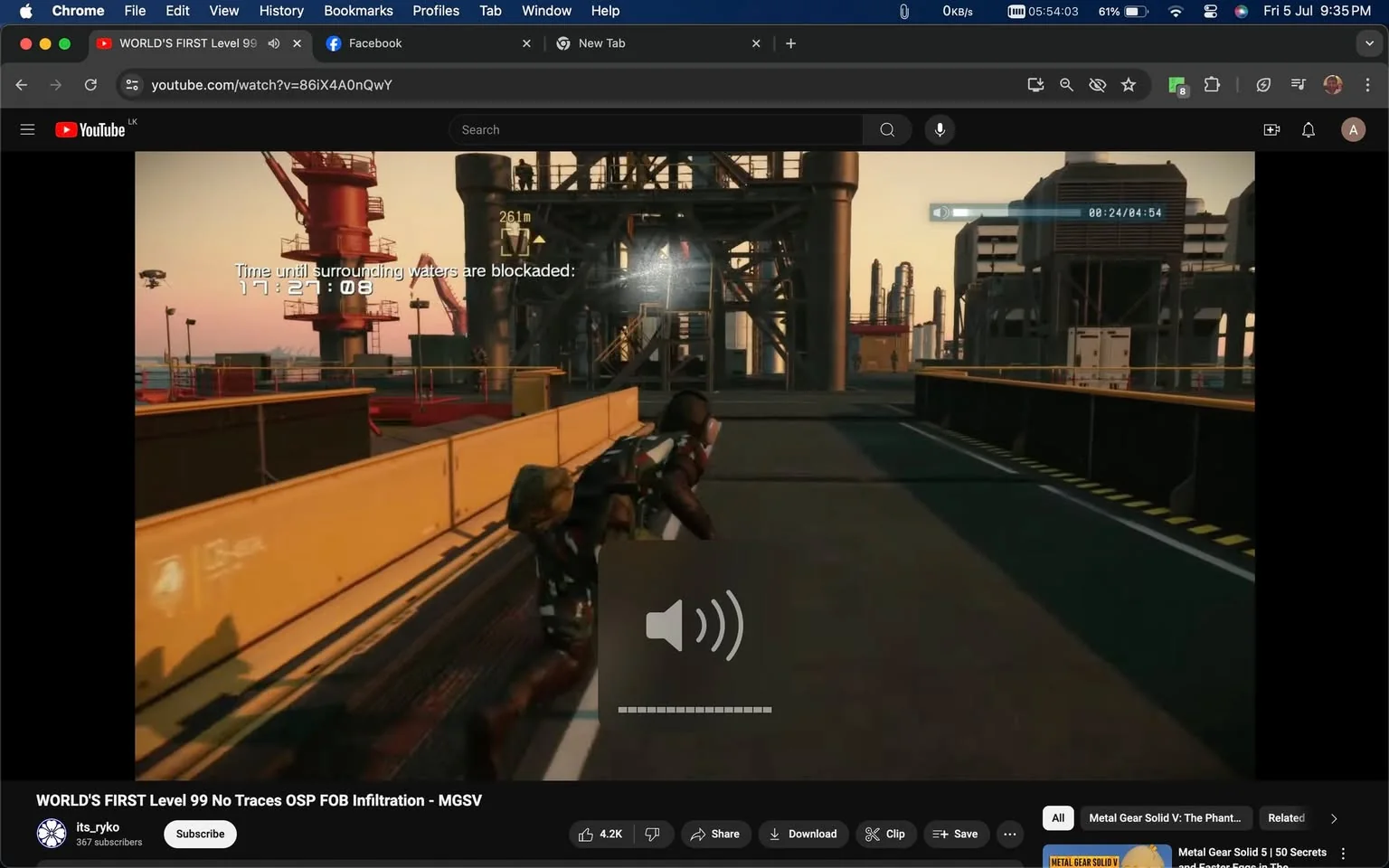 The screenshot captures a moment from a YouTube video titled "WORLD'S FIRST Level 99 No Traces OSP FOB Infiltration - MGSV" on the channel "its_ryko." The content is from the video game "Metal Gear Solid V," and it features a scene of in-game action. The player character is sneaking or running on an industrial platform, with large structures visible in the background, indicative of a typical game environment with industrial and military themes. The setting suggests a high-stakes infiltration mission with the sun setting or rising, casting warm hues across the scene. A visible on-screen timer indicates "Time until surrounding waters are blockaded: 17:21:08," adding urgency to the gameplay. The player's character is dressed in tactical gear, typical for stealth missions, and is seen in motion, highlighting the dynamic and action-oriented nature of the game. The interface includes a video progress bar at the top right, showing the video is 24 seconds into a total of 4:54 minutes. Additionally, typical YouTube interface elements are visible, such as the channel's subscriber count, the like button, and video options like share, download, and save at the bottom. The visual composition effectively conveys a sense of tension and strategic gameplay.