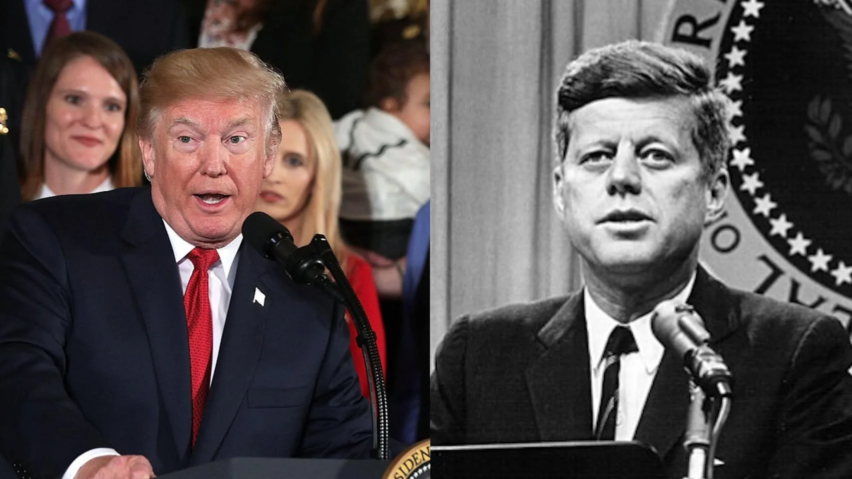 Donald Trump is depicted on the left side of the image, speaking at a podium. He is dressed in a dark blue suit with a white shirt and a bright red tie. His expression is animated as he addresses the audience. Behind him, several people are visible, slightly out of focus, suggesting a public or press event setting. The background shows a mixture of men and women, some of whom are attentively watching.
On the right side of the image is a black-and-white photo of a man at a podium, who the hint indicates is associated with JFK. The man is wearing a dark suit, white shirt, and dark tie. The backdrop includes a partial view of a presidential seal, reinforcing the formal and historical context of the image.
The composition juxtaposes modern and historical political figures, highlighting differences in style and presentation. The color contrast between the left and right sides emphasizes the passage of time and changes in media technology.
- Title: "..."