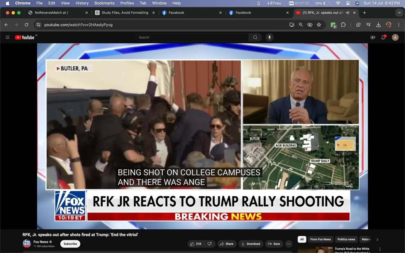 The image is a screenshot from a YouTube video titled "RFK, Jr. speaks out after shots fired at Trump: 'End the vitriol'" on the Fox News channel. The video discusses a reaction from RFK Jr. regarding an incident at a Trump rally. The screen is divided into several sections, with a large portion showing an outdoor scene with security personnel surrounding a vehicle, indicating heightened security measures. The top-left corner mentions "BUTLER, PA," suggesting the location is Butler, Pennsylvania.
On the right side, RFK Jr. is seen in an interview setting, seated in an indoor environment with neutral décor, looking serious and engaged. Below his image, there is a map showing the location of the Trump rally and an AGR building, emphasizing the geographical context of the incident.
The screen includes additional text such as "RFK JR REACTS TO TRUMP RALLY SHOOTING" and "BREAKING NEWS," highlighting the urgency and significance of the news. The video is a typical news broadcast format, combining live footage, interviews, and geographical data to provide comprehensive coverage of the event.
- Title: "RFK, Jr. speaks out after shots fired at Trump: 'End the vitriol'"
- Channel / profile: "Fox News"
- Site / app: "YouTube"
- Captions / subtitles: "BEING SHOT ON COLLEGE CAMPUSES" "AND THERE WAS ANGE"