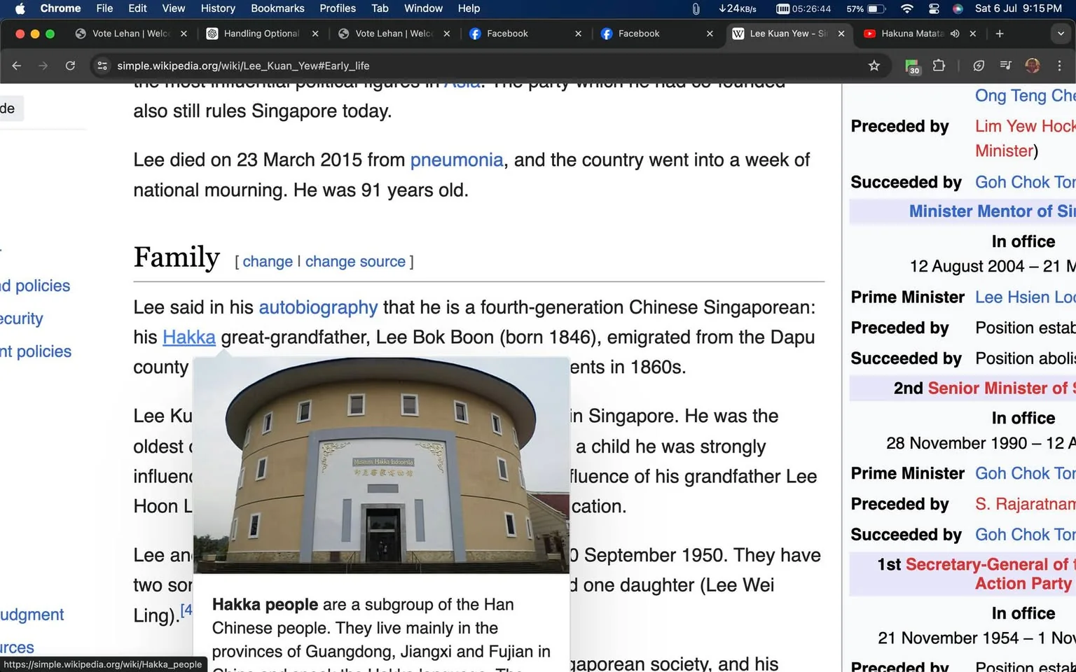The screenshot captures a section from the Simple English Wikipedia page about Lee Kuan Yew, specifically focusing on his early life and family background. The text mentions that Lee Kuan Yew was a fourth-generation Chinese Singaporean with a Hakka great-grandfather named Lee Bok Boon, who emigrated from China in the 1860s. The screenshot includes a photo of a round building with the name "Hakka House" on it, possibly illustrating the cultural background discussed in the text. The screenshot's layout is typical of Wikipedia, with text organized into sections and subsections, and links highlighted in blue. The page title "Lee Kuan Yew - Early life" is visible at the top, and the information box on the right lists various positions held by Lee Kuan Yew, emphasizing his significant political influence. The color scheme is primarily white and blue, standard for Wikipedia's interface.