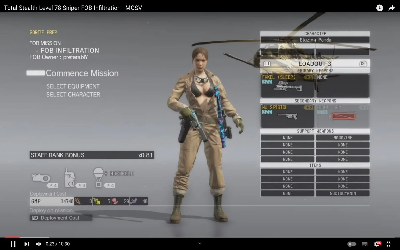 1) Rich description: The image is a screenshot from a video titled "Total Stealth Level 78 Sniper FOB Infiltration - MGSV." It showcases a character selection and mission preparation screen from the game Metal Gear Solid V (MGSV). The character, named "Blazing Panda," is prominently displayed in the center, wearing a tactical outfit with a beige jumpsuit, green gloves, and boots. She is holding a weapon in each hand, with a colorful rifle slung over her shoulder. In the background, a helicopter is partially visible, suggesting a military or tactical mission setting. The interface displays various details, including sortie preparation for a "FOB Infiltration" mission, with options to select equipment and character. The player's loadout includes a "FAKEL (SLEEP)" rifle and a "WU S.PISTOL," alongside other equipment and items listed on the right. The interface also shows the deployment cost in GMP and a staff rank bonus. The overall visual style is sleek and modern, typical of a high-quality video game interface.
2) On-screen text block:
- Title: "Total Stealth Level 78 Sniper FOB Infiltration - MGSV"