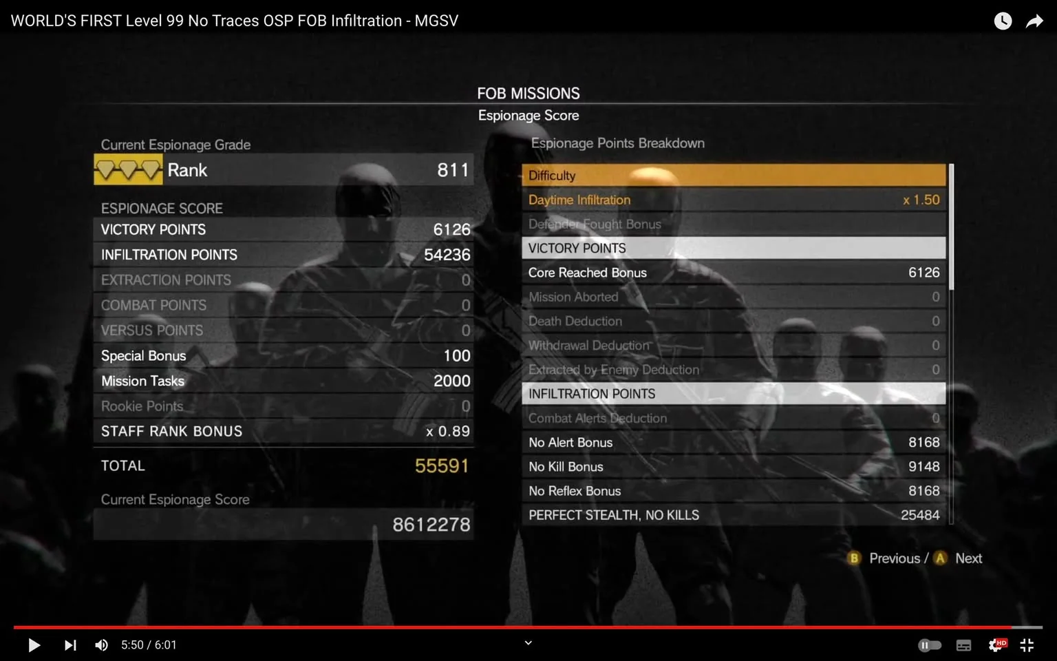The image is a screenshot from a video titled "WORLD'S FIRST Level 99 No Traces OSP FOB Infiltration - MGSV." This is from the game MGSV, displaying a user interface that details a player's espionage score after a mission. The background features a black-and-white image of soldiers, adding a dramatic and intense atmosphere to the scene.
In the foreground, various stats and points are shown, including "Current Espionage Grade" and "Rank." The score breakdown is detailed, listing categories like "VICTORY POINTS," "INFLITRATION POINTS," "EXTRACTION POINTS," and "COMBAT POINTS." Notable bonuses such as "No Alert Bonus," "No Kill Bonus," and "No Reflex Bonus" are also included, indicating a high-skill gameplay performance. The text and numbers are in white and yellow, contrasting with the dark backdrop, making the information easily readable.
The screenshot captures the complexity and challenge of the game's FOB missions, reflecting the strategic depth and skill required for high-level performance.