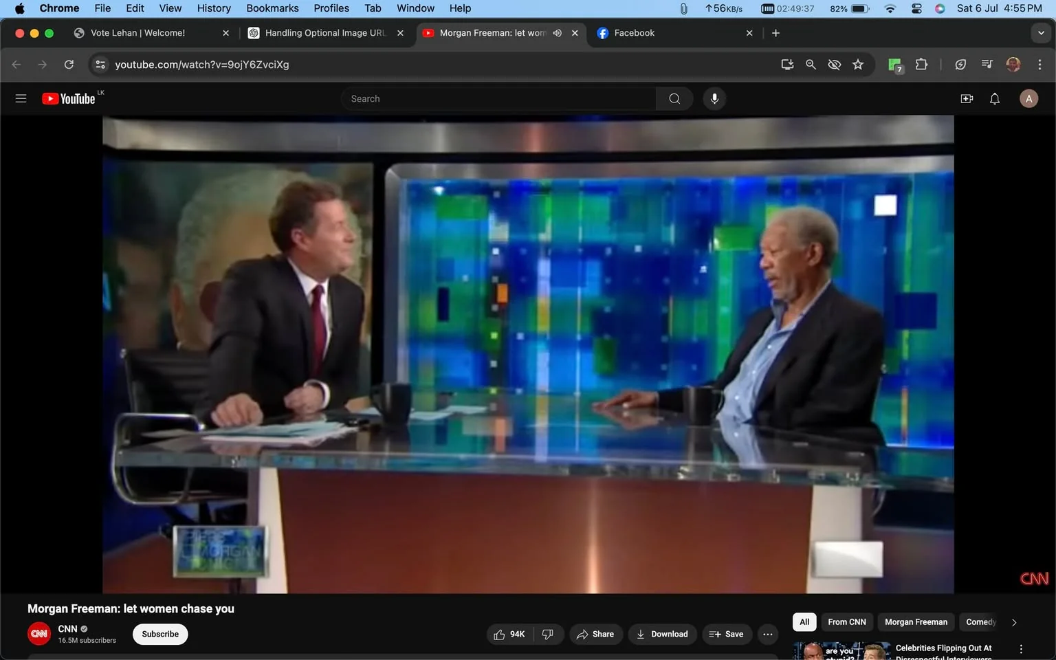 Piers Morgan and Morgan Freeman are engaged in a conversation on a CNN set, as captured in this YouTube screenshot. Piers Morgan, on the left, is seated at a modern glass desk, wearing a formal dark suit and a red tie, indicative of his role as an interviewer. Opposite him, Morgan Freeman is in a relaxed posture, dressed in a casual suit and light blue shirt, conveying an informal yet engaging interaction. The background is a colorful, abstract digital display that adds a dynamic visual element to the studio setting. Both are seated with mugs on the table, suggesting a comfortable environment for the discussion. The lighting is professional and bright, typical of studio settings, focusing on the two individuals, enhancing the clarity of their expressions. The text below the image indicates the video title, “Morgan Freeman: let women chase you,” suggesting the theme of the conversation. The YouTube interface shows engagement statistics and options for sharing or saving the video, reinforcing the platform's interactive nature.
- Title: "Morgan Freeman: let women chase you"
- Channel / profile: "CNN"
- Site / app: "YouTube"