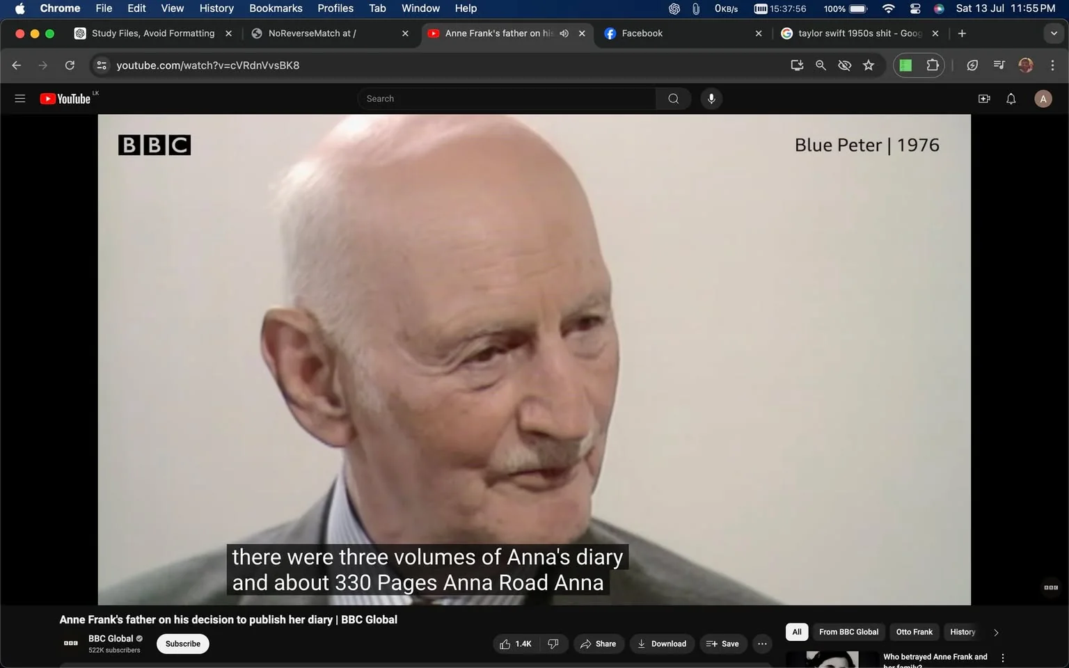 The image is a frame from a YouTube video titled "Anne Frank's father on his decision to publish her diary | BBC Global," hosted on the BBC Global channel. The video appears to be an interview from the BBC program "Blue Peter" dated 1976. The close-up shot features an elderly man, identified in the hint as Anne Frank's father. He has a bald head and a mustache, and he is dressed in a suit, conveying a formal and reflective mood.
The background is plain, keeping the focus on the interviewee. The lighting is soft, highlighting the subject's facial features and creating a calm ambiance. The BBC logo is visible in the top left corner, indicating the network's branding. Subtitles at the bottom of the screen provide context from the interview, mentioning "Anna's diary" and "330 Pages Anna Road Anna," suggesting a discussion about Anne Frank's diary. This scene is likely part of a historical reflection on the publication of Anne Frank's writings, providing personal insights from her father.