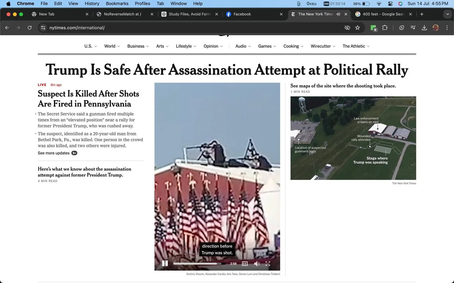The screenshot is from the New York Times website, displaying a news article with the headline "Trump Is Safe After Assassination Attempt at Political Rally." The webpage is structured with the main article on the left, which reports that a suspect was killed after allegedly firing shots at a political rally in Pennsylvania. The article details that the suspect was a 20-year-old man from Bethel Park, Pennsylvania, and mentions that one person in the crowd was killed, with two others injured.
On the right side of the page, there are two images: one shows a sniper on a rooftop surrounded by American flags, and another aerial view highlights the location of the suspected gunman’s body, law enforcement snipers, and the stage where Trump was speaking.
The webpage features typical elements like navigation bars at the top for different sections such as U.S., World, Business, Arts, and more. The layout is clean, with text in black on a white background, images aligned to the right of the text, and red highlights indicating live updates. The overall mood is serious and urgent, appropriate for a news story of this nature.
- Title: "Trump Is Safe After Assassination Attempt at Political Rally"
- Site / app: "nytimes.com"
- Captions / subtitles: "direction before Trump was shot."