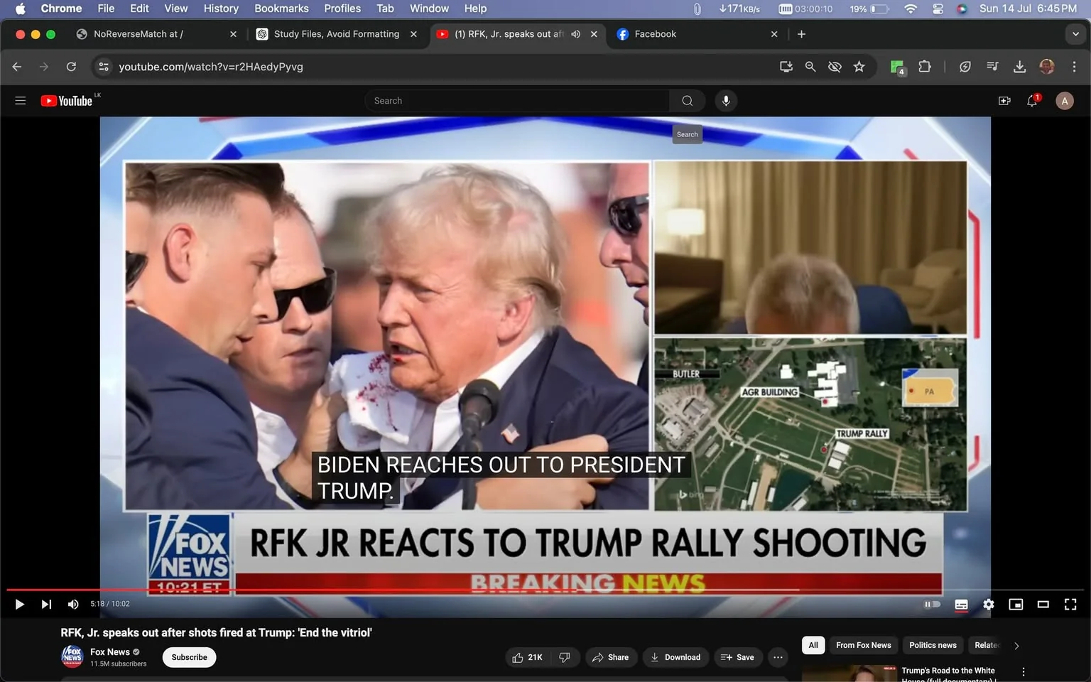 The image is a screenshot from a YouTube video titled "RFK, Jr. speaks out after shots fired at Trump: 'End the vitriol'" on the Fox News channel. The main focus of the image is a photo showing Donald Trump surrounded by people, one of whom is holding a cloth with visible red stains, suggesting an incident has occurred. Donald Trump appears to be speaking into a microphone, with others around him appearing concerned.
The composition includes additional elements such as an inset with a map showing the location labeled "AGR BUILDING" and "TRUMP RALLY," indicating the scene's geographical context. There is also a smaller inset of a person in an indoor setting, possibly in an interview.
The on-screen text includes headlines and captions typical of a news broadcast, highlighting the event and the response from RFK Jr. and Biden. The lighting is bright, and the video frame includes typical branding elements from Fox News, which adds to the formal and urgent tone of the broadcast. The screenshot captures a serious moment, reflecting a breaking news situation with significant political implications.
- Title: "RFK, Jr. speaks out after shots fired at Trump: 'End the vitriol'"
- Channel / profile: "Fox News"
- Site / app: "YouTube"
- Captions / subtitles: "BIDEN REACHES OUT TO PRESIDENT TRUMP."