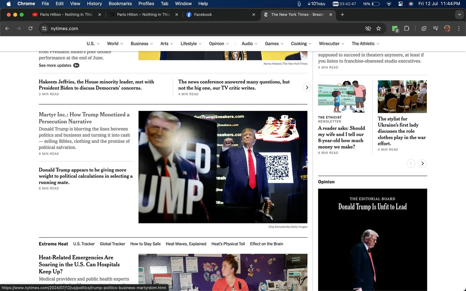 The screenshot is of a webpage from The New York Times, featuring political articles prominently discussing Donald Trump. The main article titled "Martyr Inc.: How Trump Monetized a Persecution Narrative" suggests Trump's blending of politics and business. A photograph accompanying the article shows Donald Trump in a suit with a red tie, gesturing with his hand. Behind him, there are promotional graphics related to sneakers, indicating the commercial aspect of the narrative. The webpage layout is typical for a news website, with multiple columns and sections. To the right, additional articles focus on diverse topics, including ethical questions and fashion in the context of Ukraine. The page's design is clean, with white background and black text, characteristic of The New York Times' style. Other visible elements include navigation menus at the top for different news categories and sections, emphasizing a structured and informative presentation.