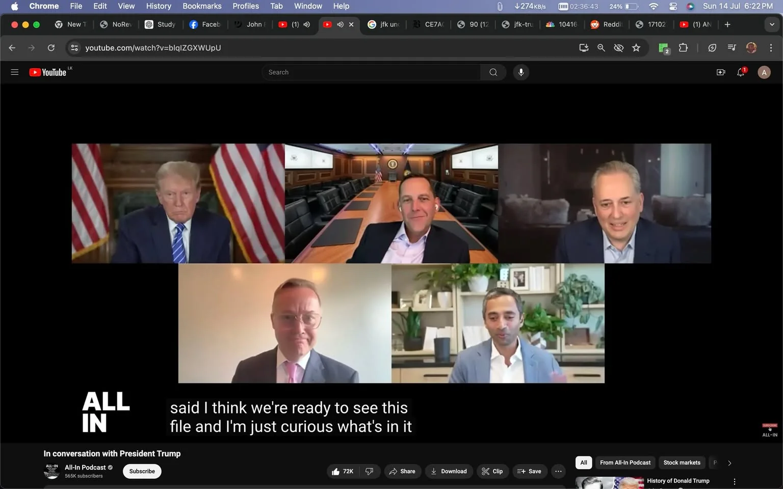 The image is a screenshot from a YouTube video titled "In conversation with President Trump," hosted by the All-In Podcast. The video appears to feature a virtual meeting or interview with five participants, arranged in a grid format typical of video conferencing platforms.
In the top left, there is a man resembling Donald Trump, seated against a backdrop of two American flags, giving a formal and official ambiance. Next to him, another individual is sitting in what looks like a virtual background of a long conference room, suggesting a professional setting. To the right is a man smiling, sitting in front of a couch, giving a relaxed and conversational tone.
In the bottom row, there are two men. On the left, one man is wearing glasses and a suit, positioned against a plain wall, appearing attentive and engaged. The man on the right is dressed in a suit, sitting in front of a bookshelf filled with books and plants, adding a touch of warmth to the scene. The names David Sacks, Jason Calacanis, and Chamath Palihapitiya are associated with this conversation, indicating their participation in the discussion.
The screenshot includes visible YouTube interface elements, such as the video title, channel name, and subscriber count. The caption at the bottom reads, "said I think we're ready to see this file and I'm just curious what's in it," suggesting a moment of anticipation in the conversation. The overall tone of the image combines formality with a casual, conversational atmosphere typical of podcast settings.
- Title: "In conversation with President Trump"
- Channel / profile: "All-In Podcast"
- Site / app: "YouTube"
- Captions / subtitles: "said I think we're ready to see this file and I'm just curious what's in it"