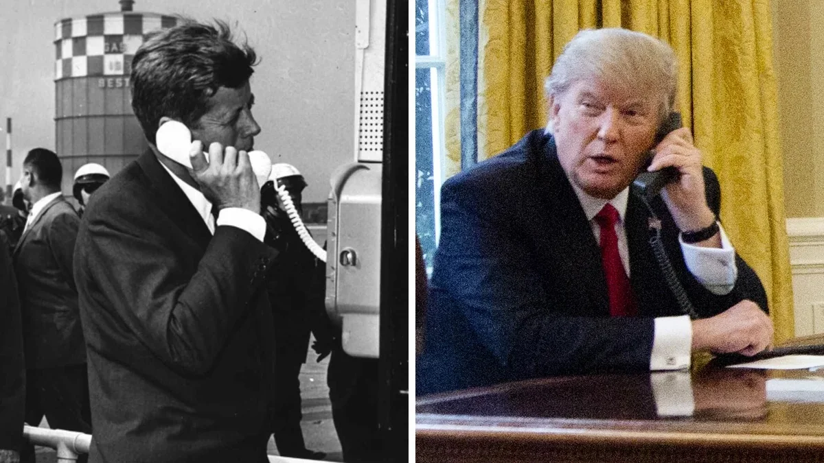 1) Rich description: The image features two juxtaposed photographs highlighting moments of communication involving prominent figures. On the left, a black-and-white photograph shows a man identified as John F. Kennedy. He is holding a corded telephone to his ear, standing outdoors, possibly at an airport, as indicated by the visible tarmac and a control tower in the background. The scene conveys a sense of urgency and importance, with several men in suits and helmets also present.
On the right, a modern color photograph features Donald Trump, seated indoors in what appears to be a formal setting, possibly an office. He is also holding a telephone to his ear, engaged in conversation. The setting is elegant, with gold curtains and a wooden desk contributing to a prestigious and official atmosphere. The contrast between the two images showcases the evolution of communication technology and settings in political contexts. Donald Trump’s expression is attentive, and he is dressed in a dark suit with a white shirt and red tie, reflecting a formal, businesslike demeanor.
2) On-screen text block:
- Title: "..."