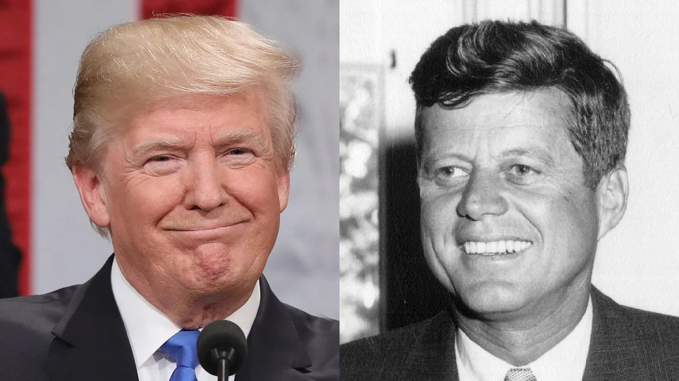 ```
This image features a split portrait of two individuals, identified as Trump and JFK. On the left side, Trump is depicted in a color photograph. He is wearing a dark suit with a white shirt and a blue tie. His expression is slightly smirking, with a backdrop that appears to be indoors, possibly at an event or press conference, suggested by the blurred and indistinct red and white background.
On the right, JFK is shown in a black and white photograph. He is smiling broadly, dressed in a classic suit with a white shirt and tie. The background is simple, allowing full focus on his face. The contrast between the color and black-and-white imagery highlights the different eras each represents.
The composition of the image juxtaposes these two figures, both known for their roles as U.S. Presidents, inviting reflections on their legacies and personas. The lighting is even, enhancing the details in both faces, and the overall mood is one of contemplation and historical contrast.