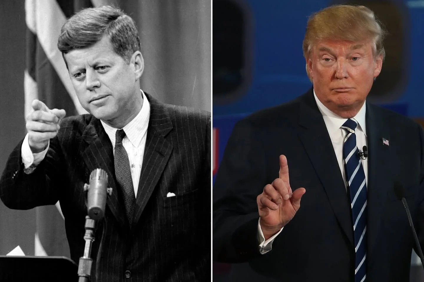 The image is a side-by-side comparison featuring two well-dressed individuals in a formal setting, identified as JFK and Donald Trump. On the left, JFK is captured in a black-and-white photograph, wearing a pinstripe suit and a tie, with his hair neatly combed. He is pointing with his right hand, possibly during a speech or press conference, as a microphone is visible in front of him. The black-and-white tone of the image gives it a historical feel.
On the right side, Donald Trump is seen in a color photograph. He is wearing a dark suit with a striped tie and an American flag pin on his lapel. His expression is serious as he gestures with his right hand, holding up his index finger, suggesting he is making a point or emphasizing a statement. The background is in soft focus, highlighting his presence.
The juxtaposition of these two figures captures a moment of political expression and leadership, contrasting different eras and styles.