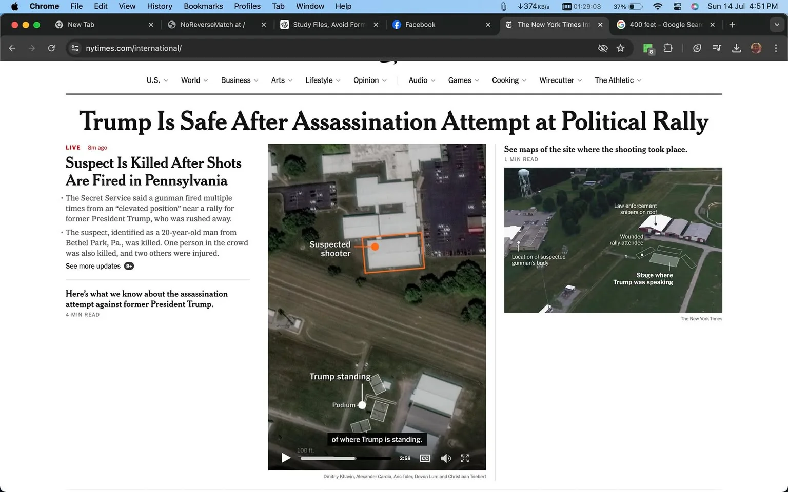 The image is a screenshot of a webpage from The New York Times. The headline, "Trump Is Safe After Assassination Attempt at Political Rally," dominates the page, indicating a serious incident. Beneath the headline, a subhead reads, "Suspect Is Killed After Shots Are Fired in Pennsylvania," providing further detail about the event. The Secret Service is reported to have said that a gunman fired from an "elevated position" near a rally for former President Trump, who was subsequently rushed away. The suspect, a 20-year-old man from Bethel Park, Pennsylvania, was killed, and additional casualties are noted.
The page includes satellite images, one showing the location of the "Suspected shooter" marked with an orange box, while another map indicates locations such as where "Trump standing," the "Podium," and the "Stage where Trump was speaking." Another image shows a layout of the scene with labels like "Law enforcement snipers on roof" and "Wounded rally attendee."
The webpage features typical news article elements, such as time stamps and update prompts, delivering a sense of immediacy and urgency. The design employs a straightforward, informative format, conveying the gravity of the situation through clear labeling and mapping of key locations involved in the incident.
- Title: "Trump Is Safe After Assassination Attempt at Political Rally"
- Site / app: "The New York Times"